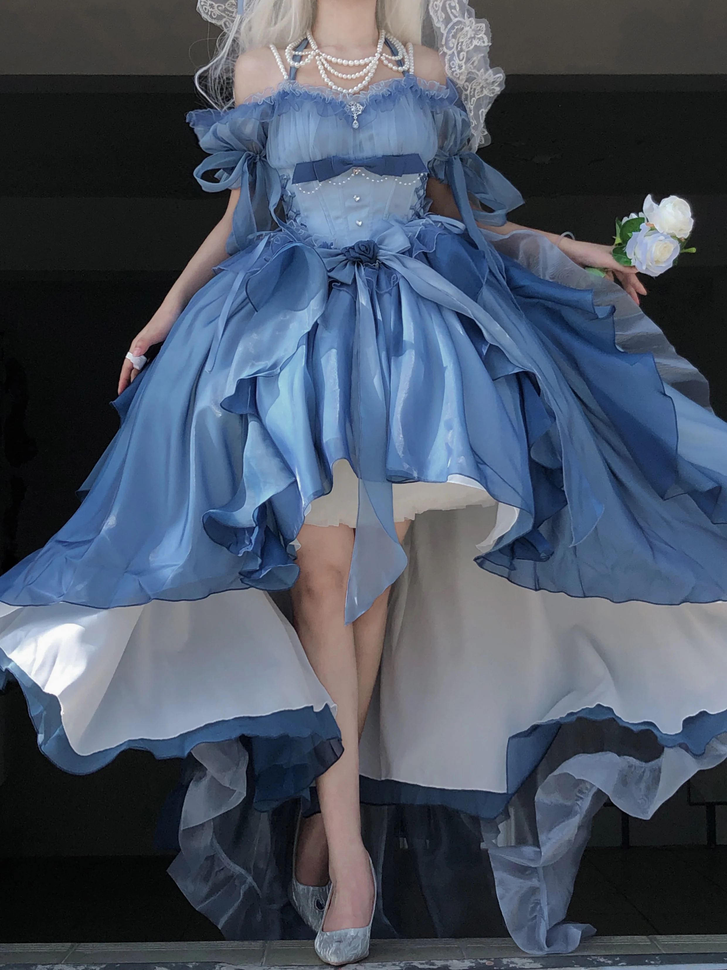 Meowing and fruity - Elegant Lolita Gradient Dark Blue Prom Dress Set - Image 3