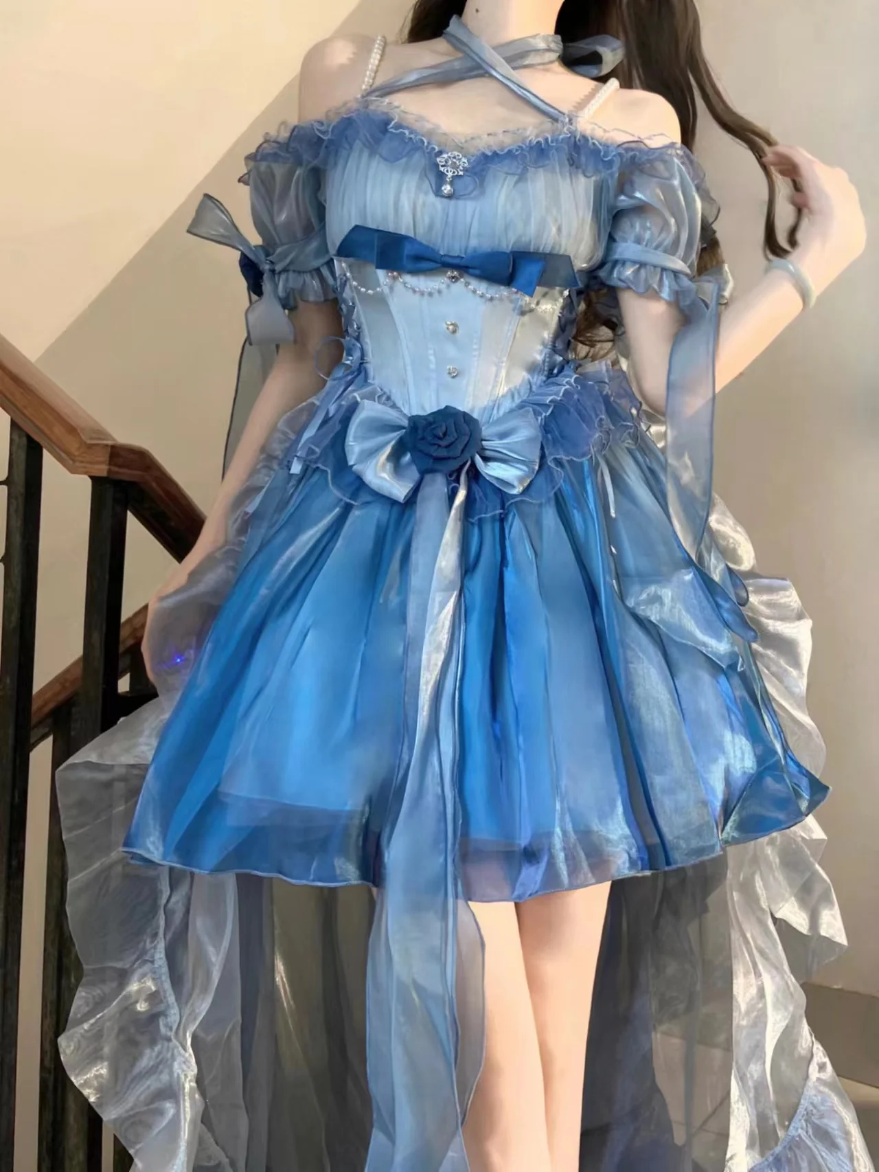 Meowing and fruity - Elegant Lolita Gradient Dark Blue Prom Dress Set - Image 4