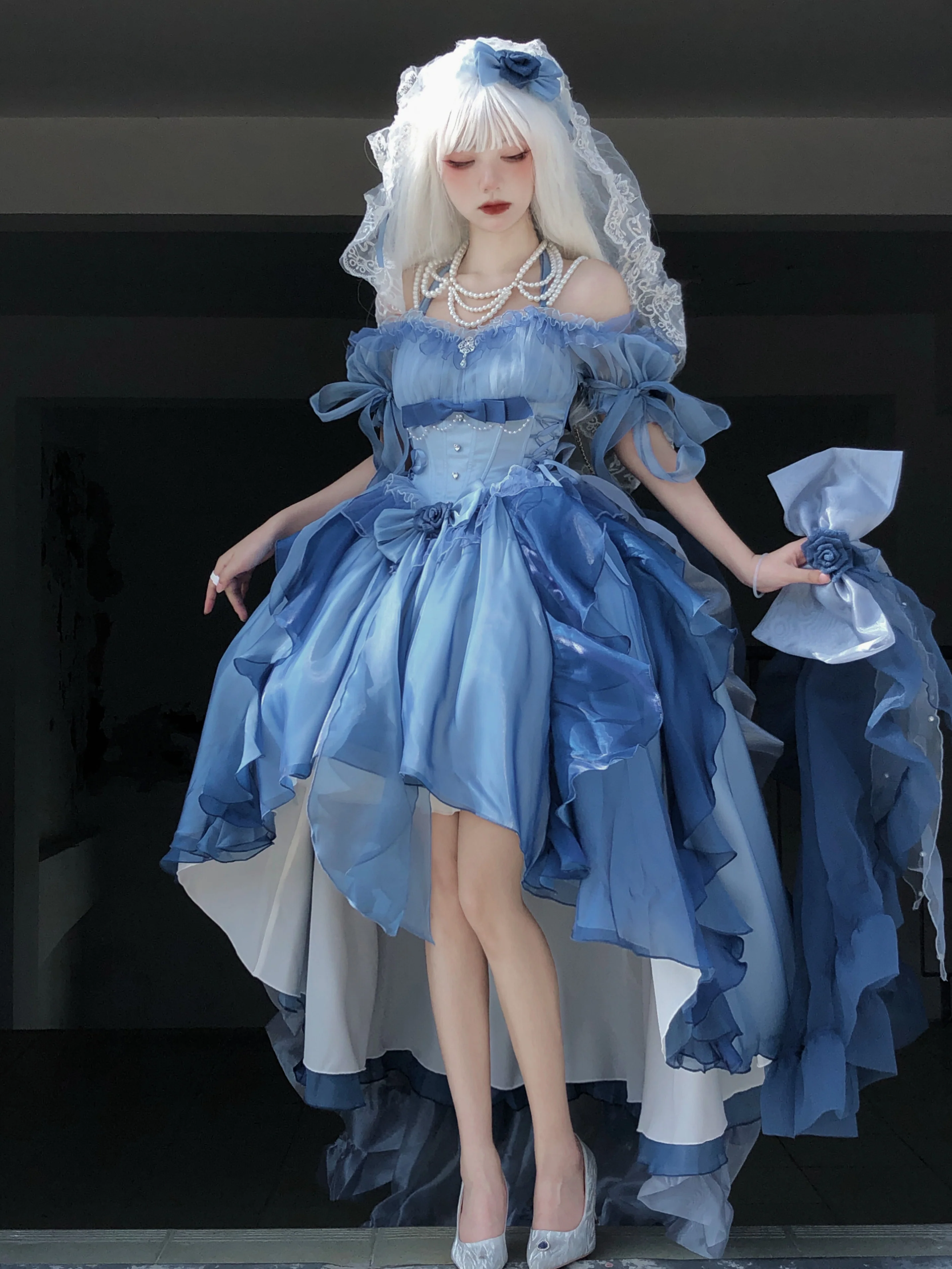 Meowing and fruity - Elegant Lolita Gradient Dark Blue Prom Dress Set - Image 5
