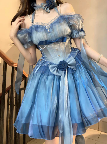 Meowing and fruity - Elegant Lolita Gradient Dark Blue Prom Dress Set - Image 6