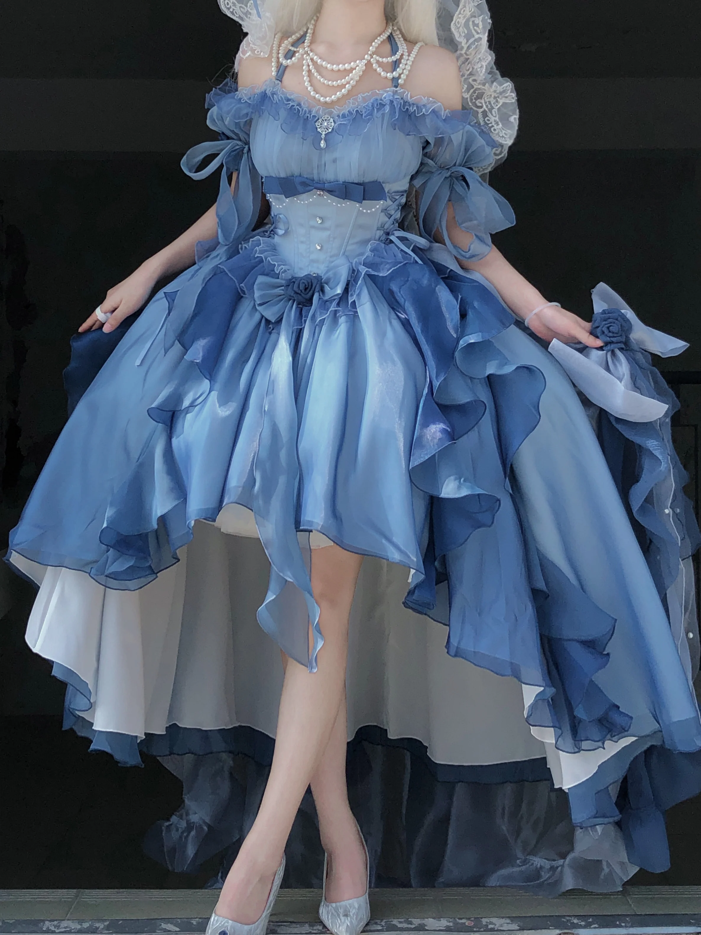Meowing and fruity - Elegant Lolita Gradient Dark Blue Prom Dress Set - Image 7