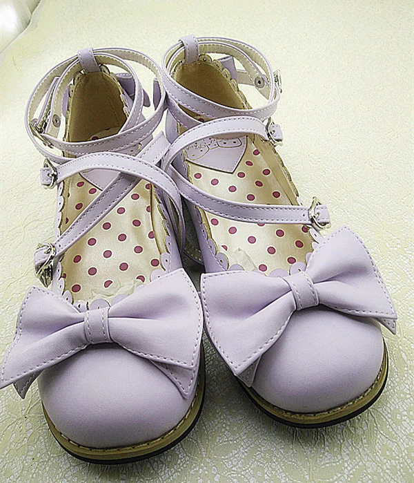 Lovely Lolita Low Heel Cross Strap Bow Tie Princess Shoes - Image 10