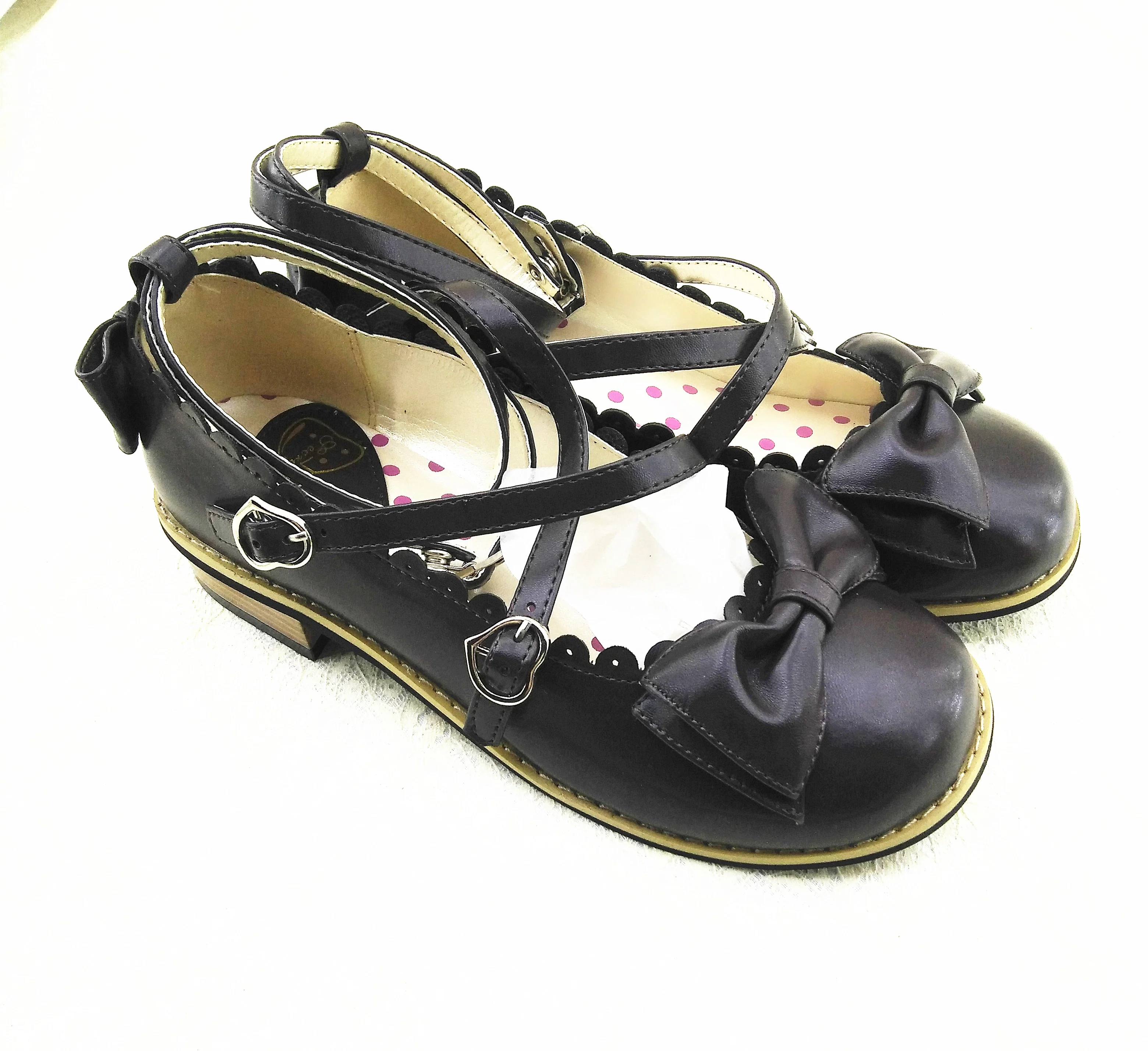 Lovely Lolita Low Heel Cross Strap Bow Tie Princess Shoes - Image 15
