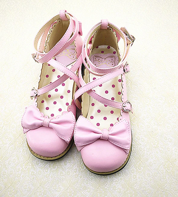 Lovely Lolita Low Heel Cross Strap Bow Tie Princess Shoes - Image 8