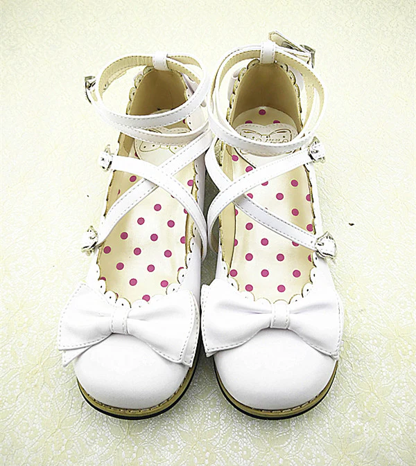 Lovely Lolita Low Heel Cross Strap Bow Tie Princess Shoes - Image 9