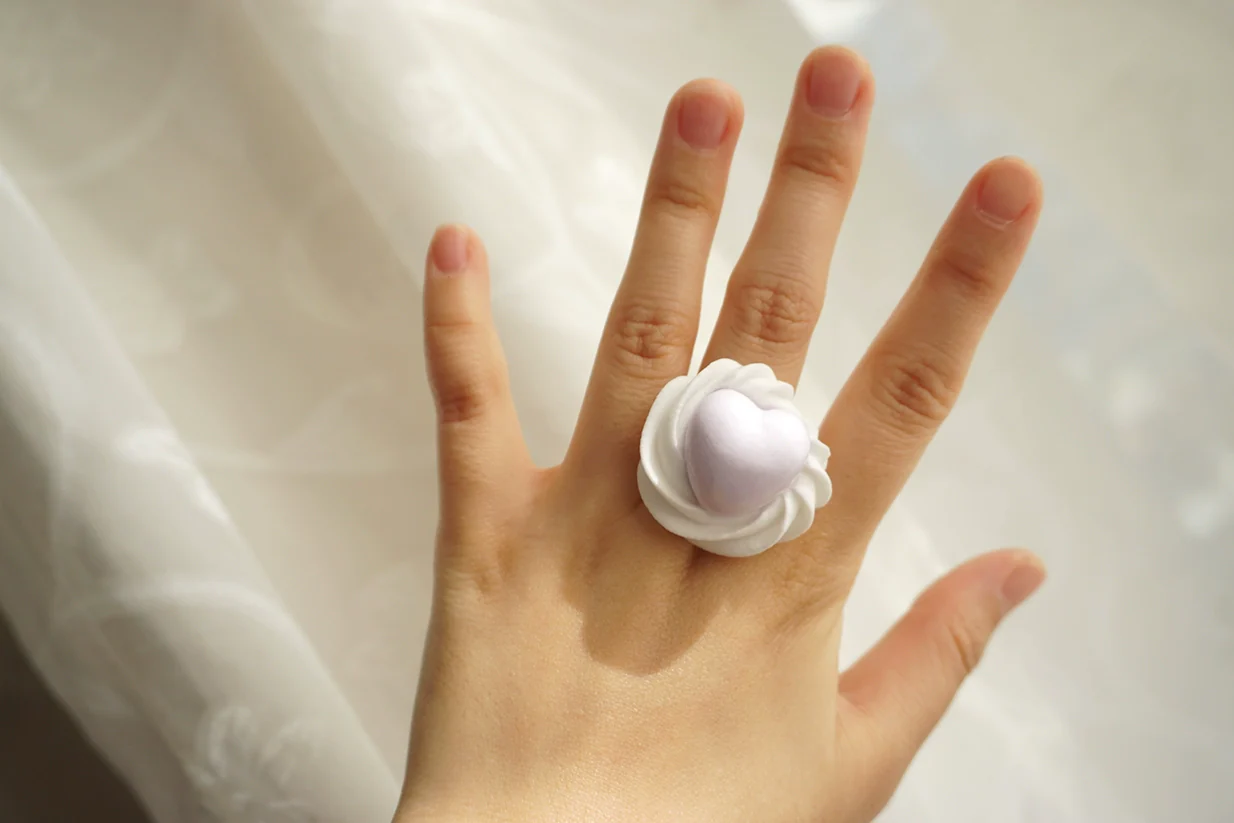 Cute Lolita Ring Handmade Clay Cream Heart Shape Adjustable Ring - Image 6