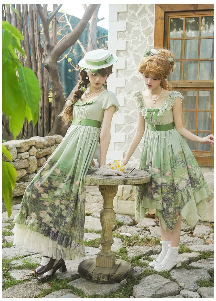 With PUJI - Blooming Rose - Chiffon Classic Lolita Dress Set Painting Styled OP & JSK - Image 12