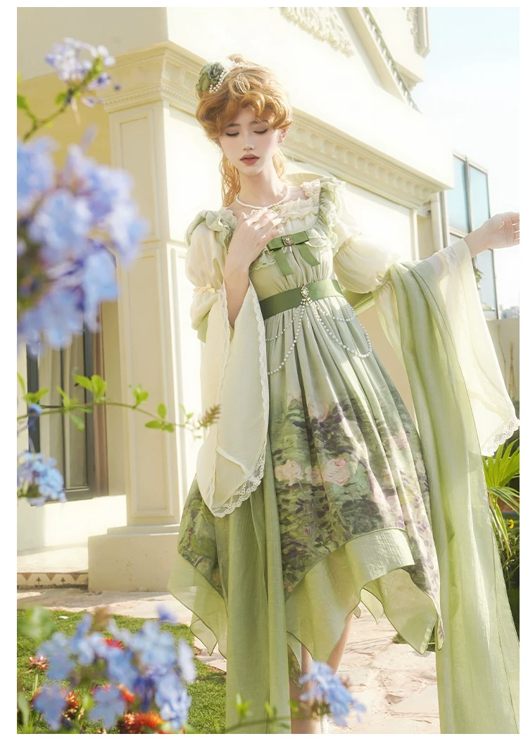 With PUJI - Blooming Rose - Chiffon Classic Lolita Dress Set Painting Styled OP & JSK - Image 18