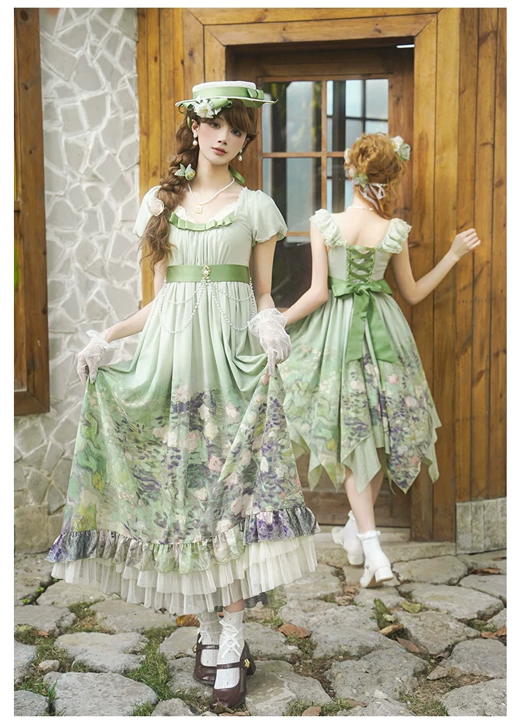With PUJI - Blooming Rose - Chiffon Classic Lolita Dress Set Painting Styled OP & JSK - Image 25