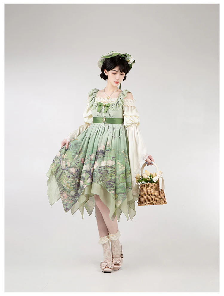 With PUJI - Blooming Rose - Chiffon Classic Lolita Dress Set Painting Styled OP & JSK - Image 30