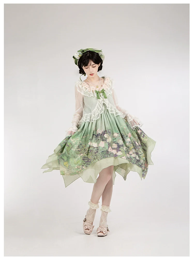 With PUJI - Blooming Rose - Chiffon Classic Lolita Dress Set Painting Styled OP & JSK - Image 34