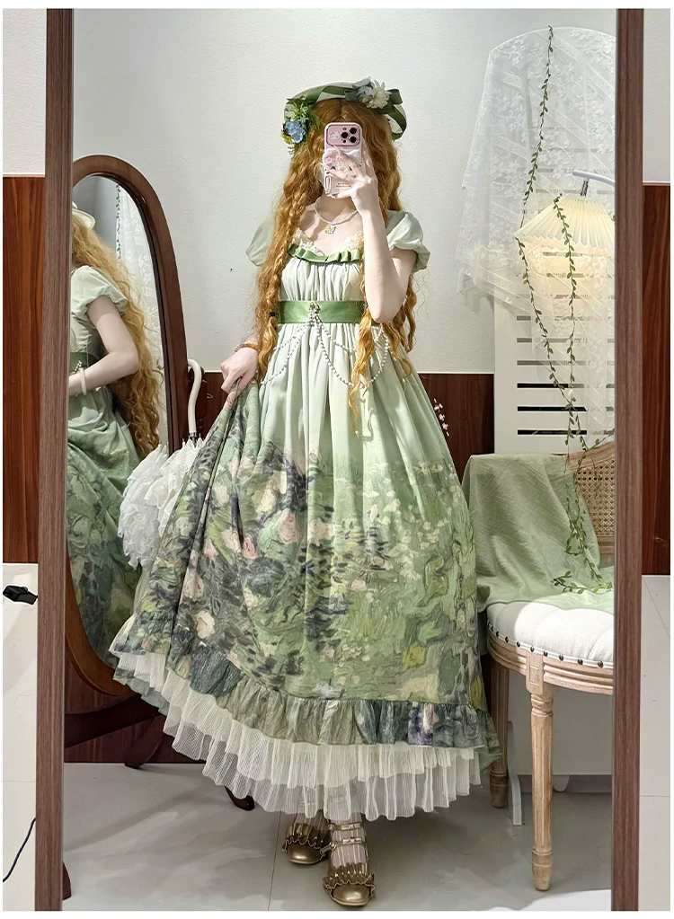 With PUJI - Blooming Rose - Chiffon Classic Lolita Dress Set Painting Styled OP & JSK - Image 38