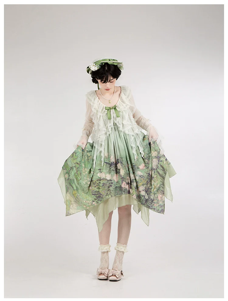 With PUJI - Blooming Rose - Chiffon Classic Lolita Dress Set Painting Styled OP & JSK - Image 5