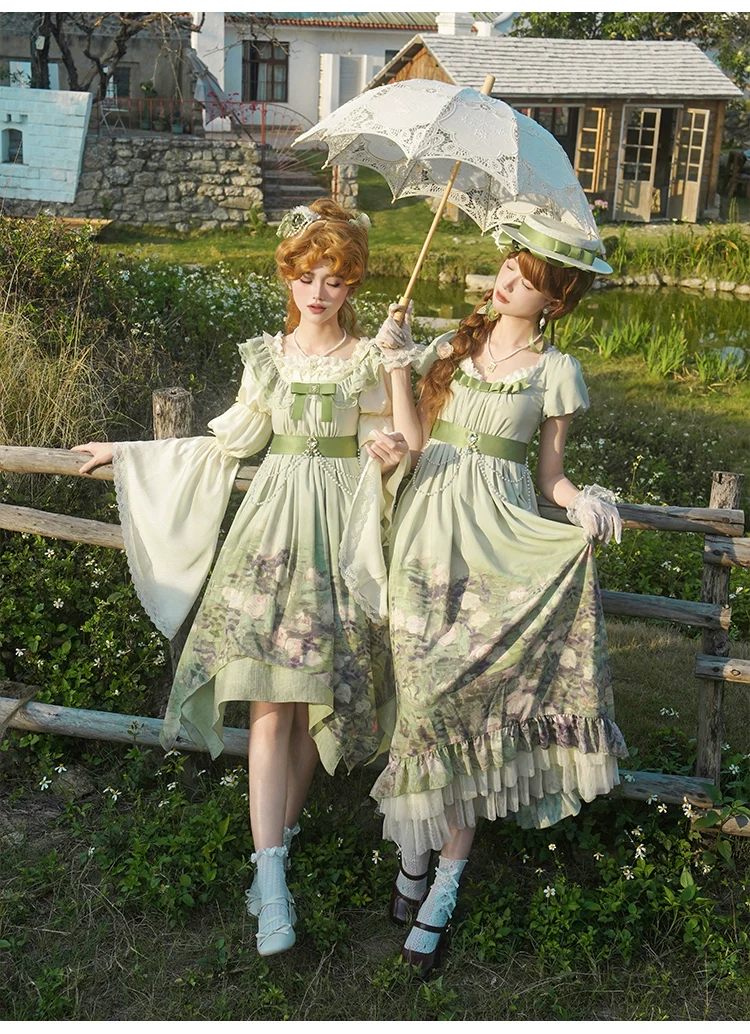 With PUJI - Blooming Rose - Chiffon Classic Lolita Dress Set Painting Styled OP & JSK - Image 8