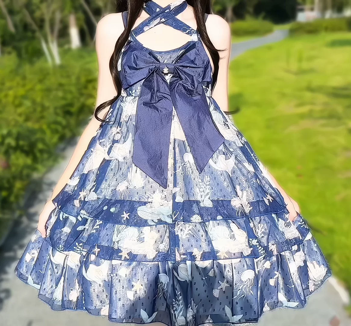 Ocean Sweetheart - Chiffon Sweet Lolita JSK Dress, Whale & Jellyfish Print - Image 16