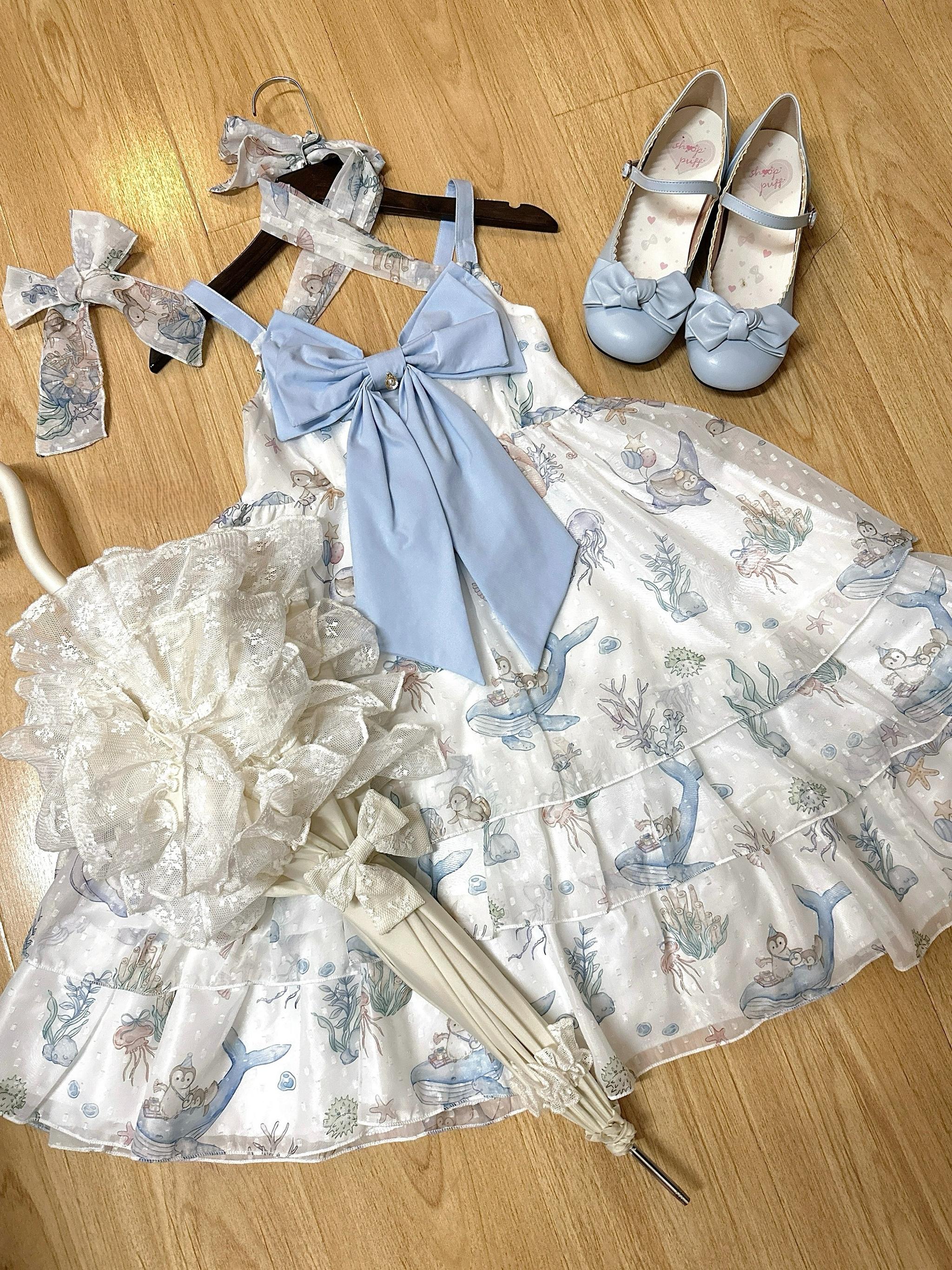 Ocean Sweetheart - Chiffon Sweet Lolita JSK Dress, Whale & Jellyfish Print - Image 4