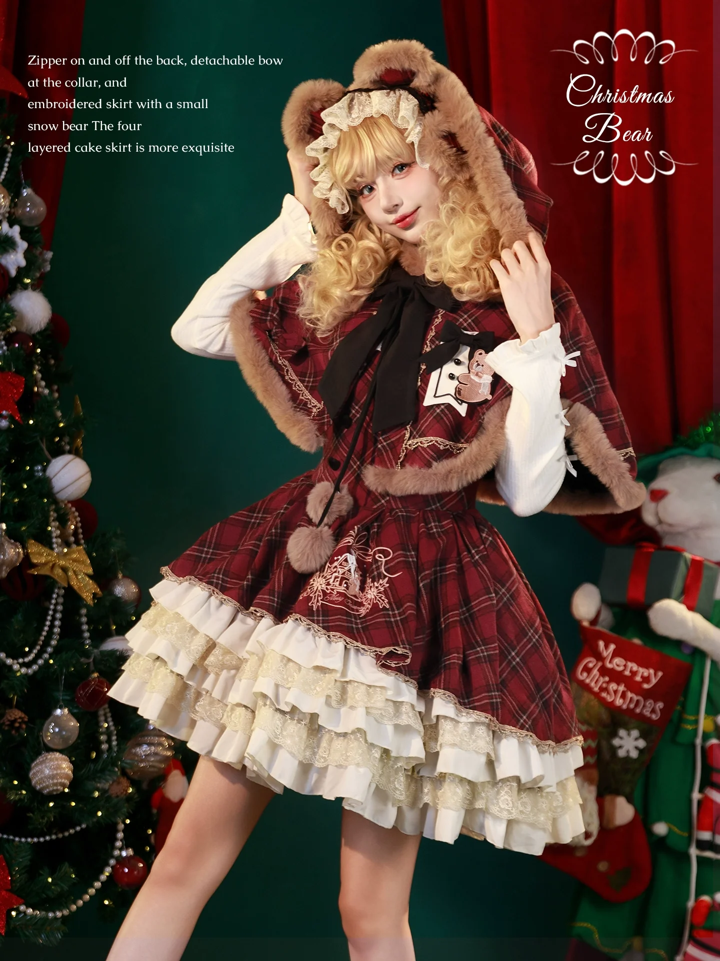 Kurikuma Cocoa - Christmas Plaid Lolita JSK, Hooded Cape - Image 4
