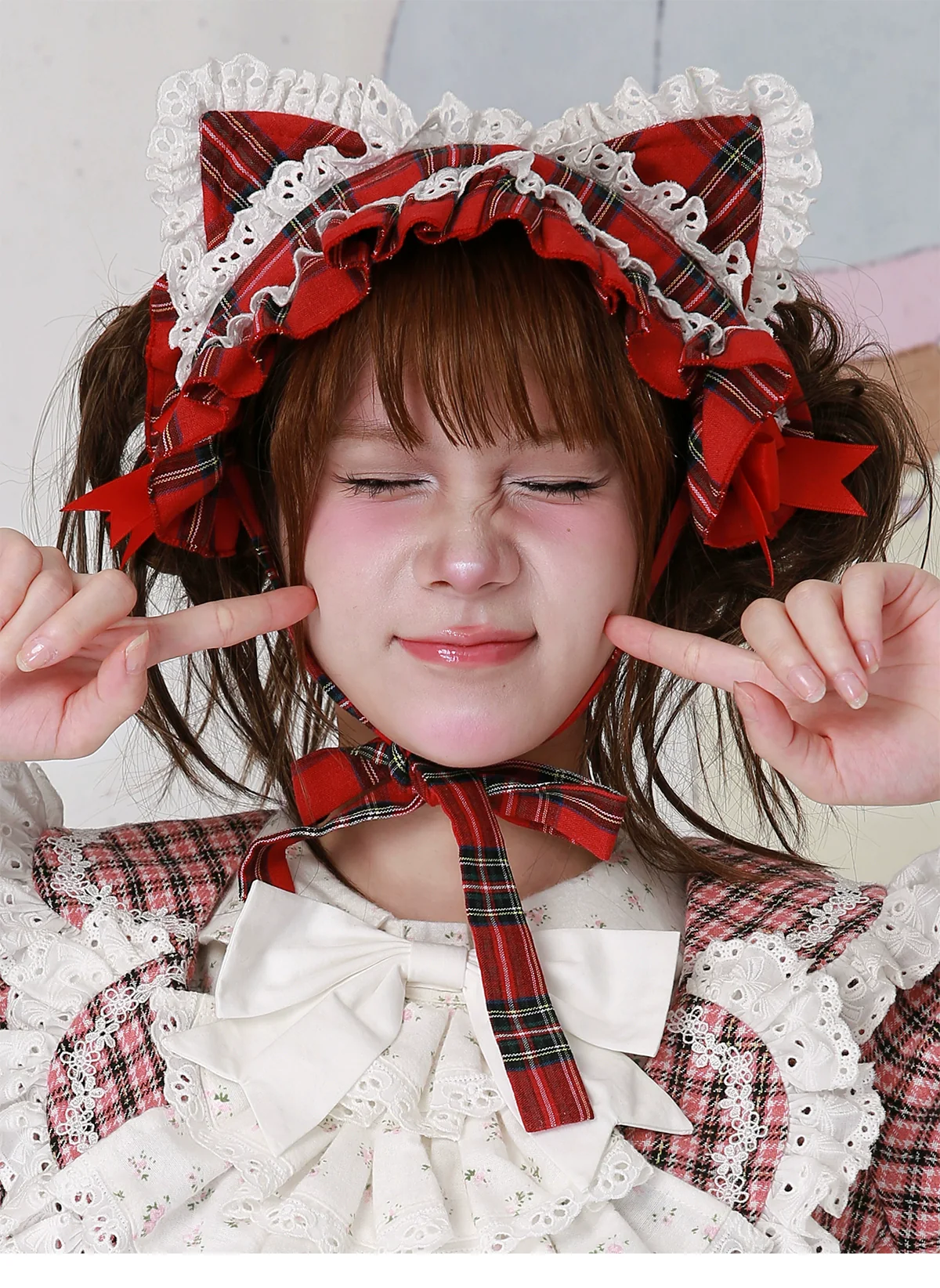 SOS MEME CLUB - Christmas Sweet Lolita Hairband, Red Plaid Cat Ear - Image 10