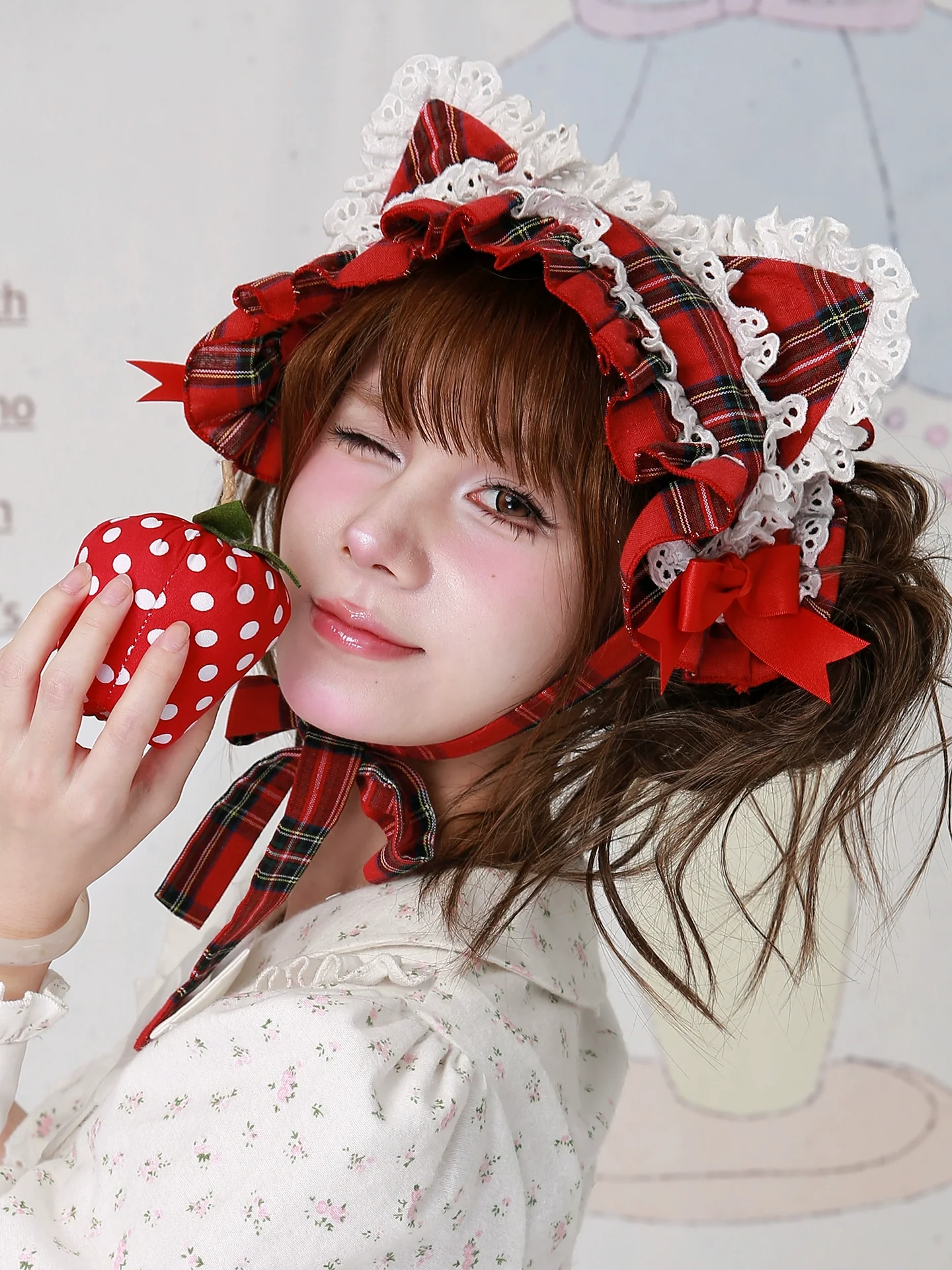 SOS MEME CLUB - Christmas Sweet Lolita Hairband, Red Plaid Cat Ear - Image 3