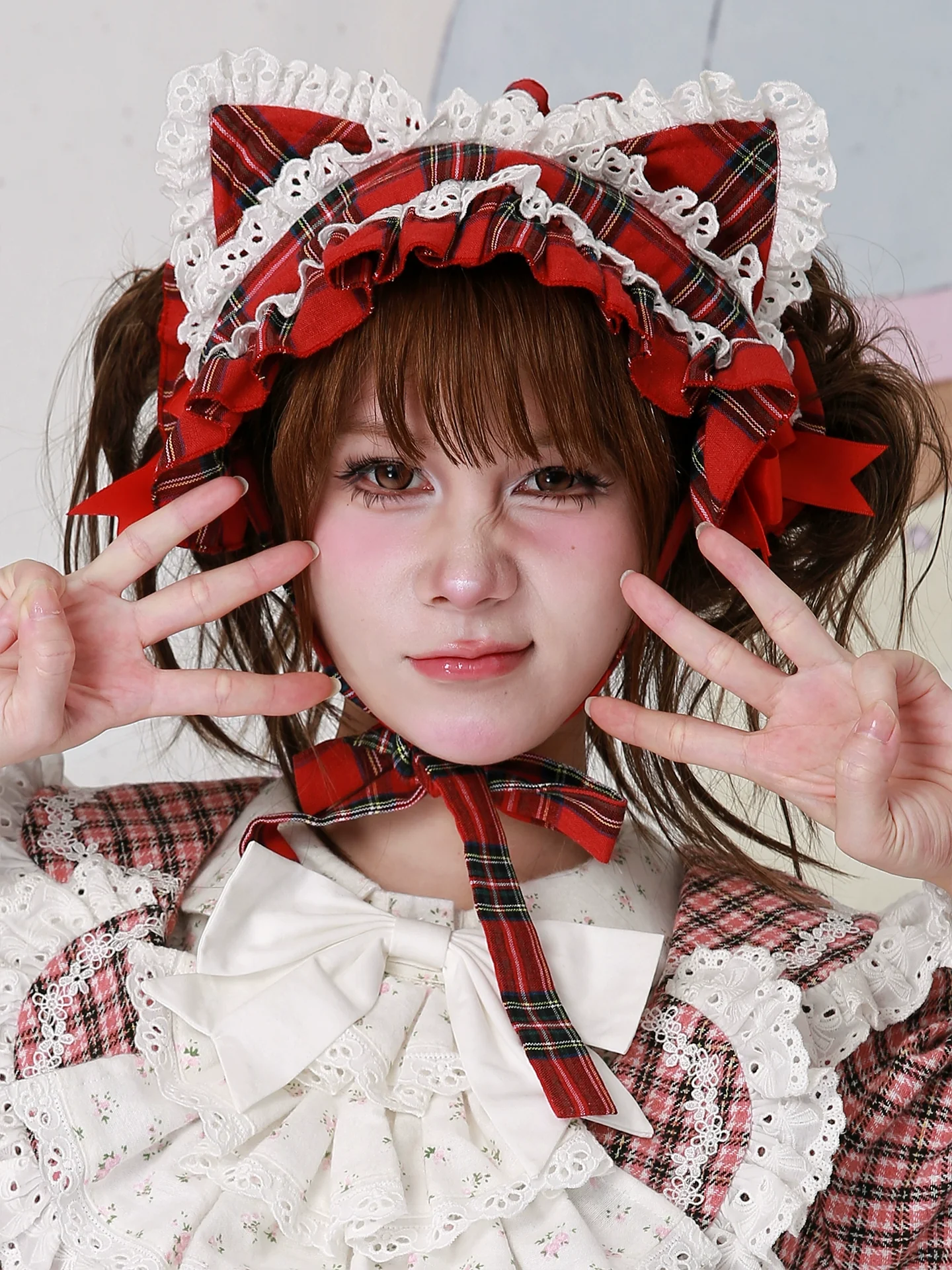 SOS MEME CLUB - Christmas Sweet Lolita Hairband, Red Plaid Cat Ear - Image 9
