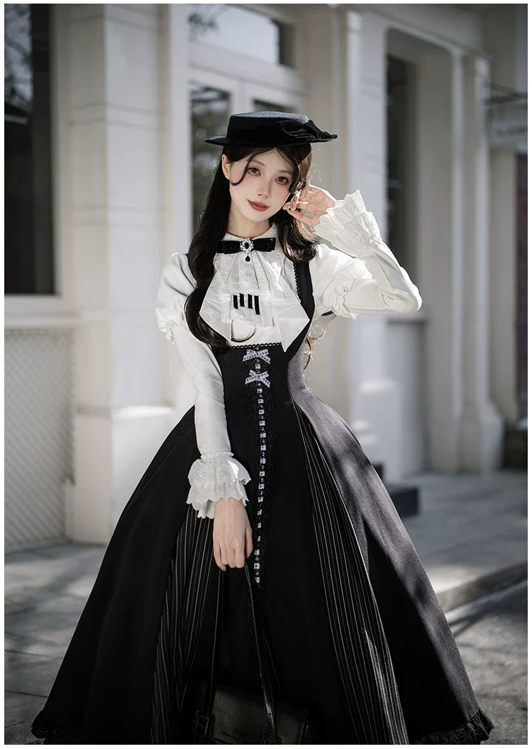 Monochrome Sonata - Classic Lolita Bust-supporting JSK Set, Piano Inspired - Image 23