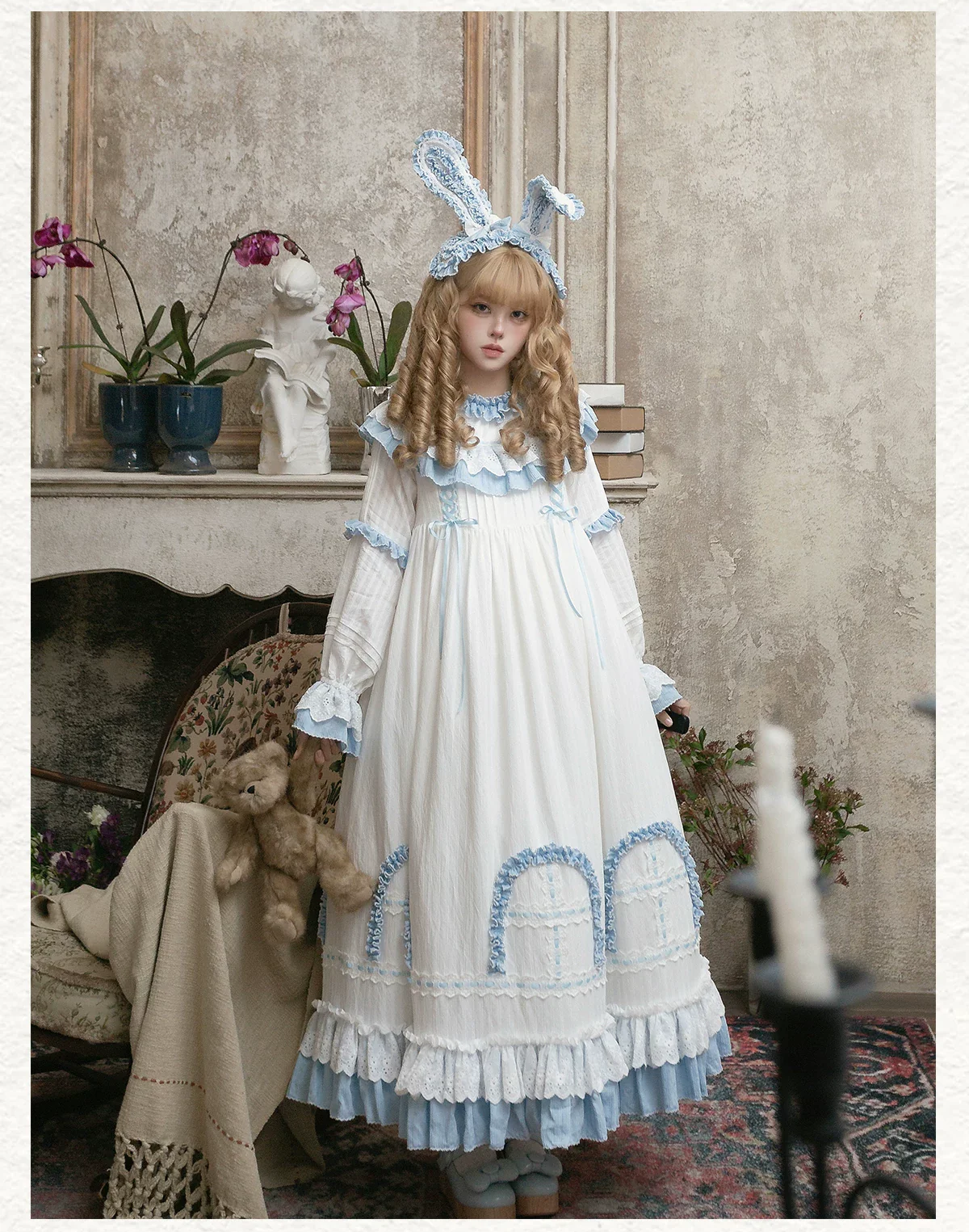 Lilian - Classic Lolita Doll-like OP Dress, Bunny Ear Hairband - Image 7