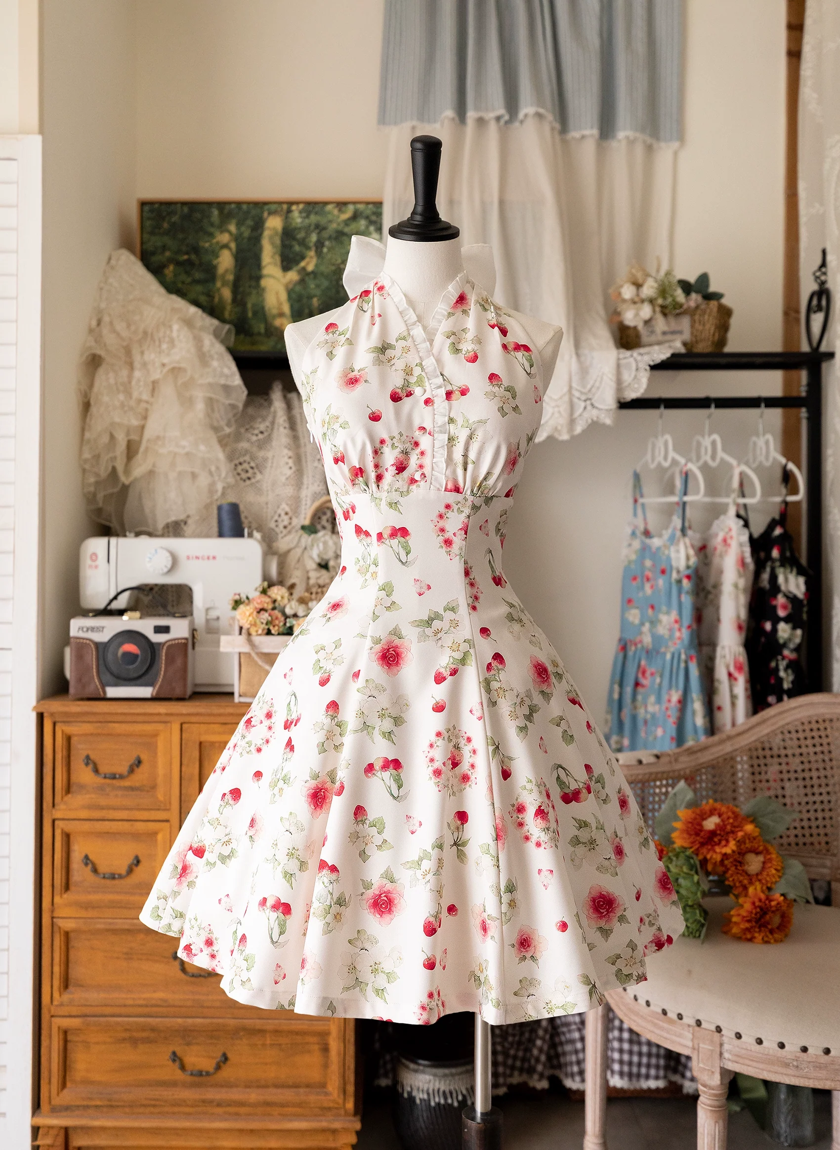 Summer Berry Picture Book - Elegant Classic Lolita Dress Halter Neckline Floral Print Dress - Image 15