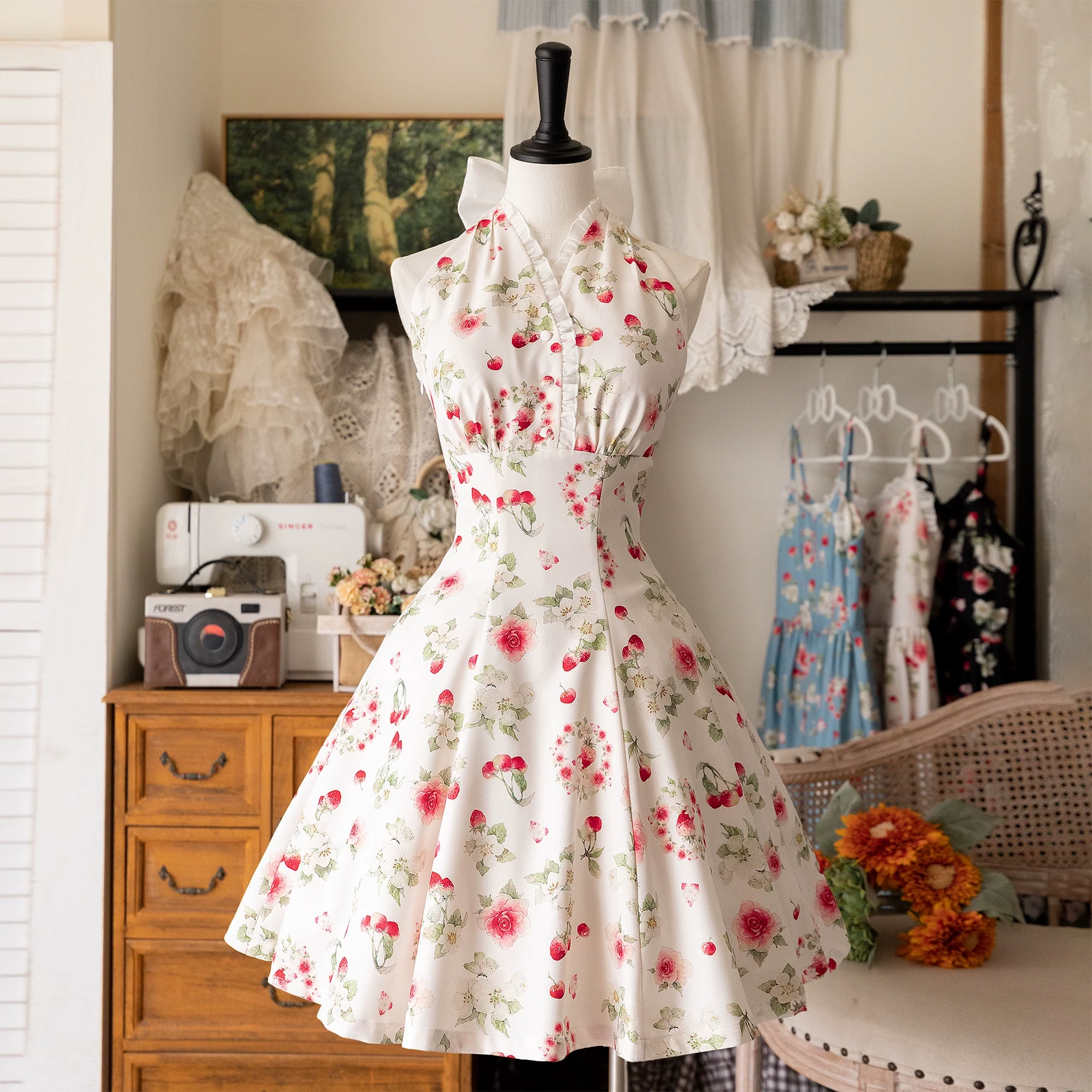 Summer Berry Picture Book - Elegant Classic Lolita Dress Halter Neckline Floral Print Dress - Image 16