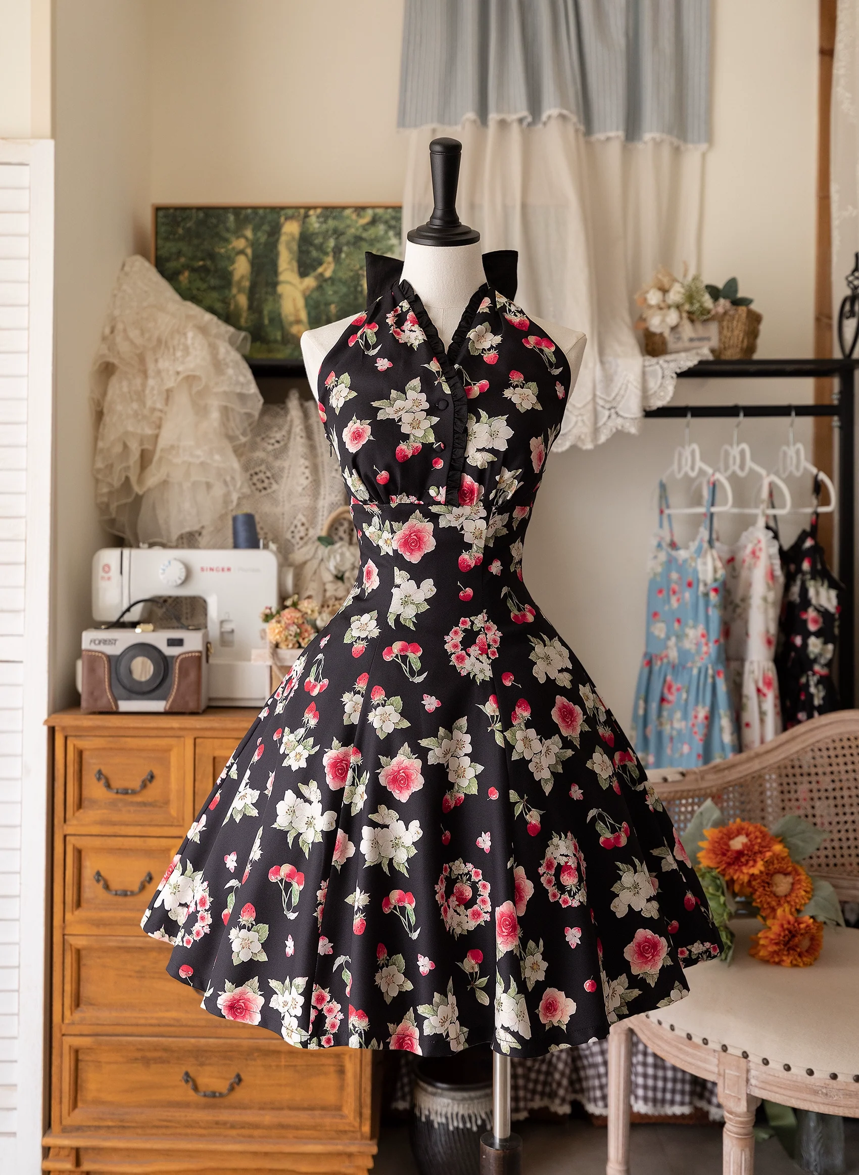 Summer Berry Picture Book - Elegant Classic Lolita Dress Halter Neckline Floral Print Dress - Image 18