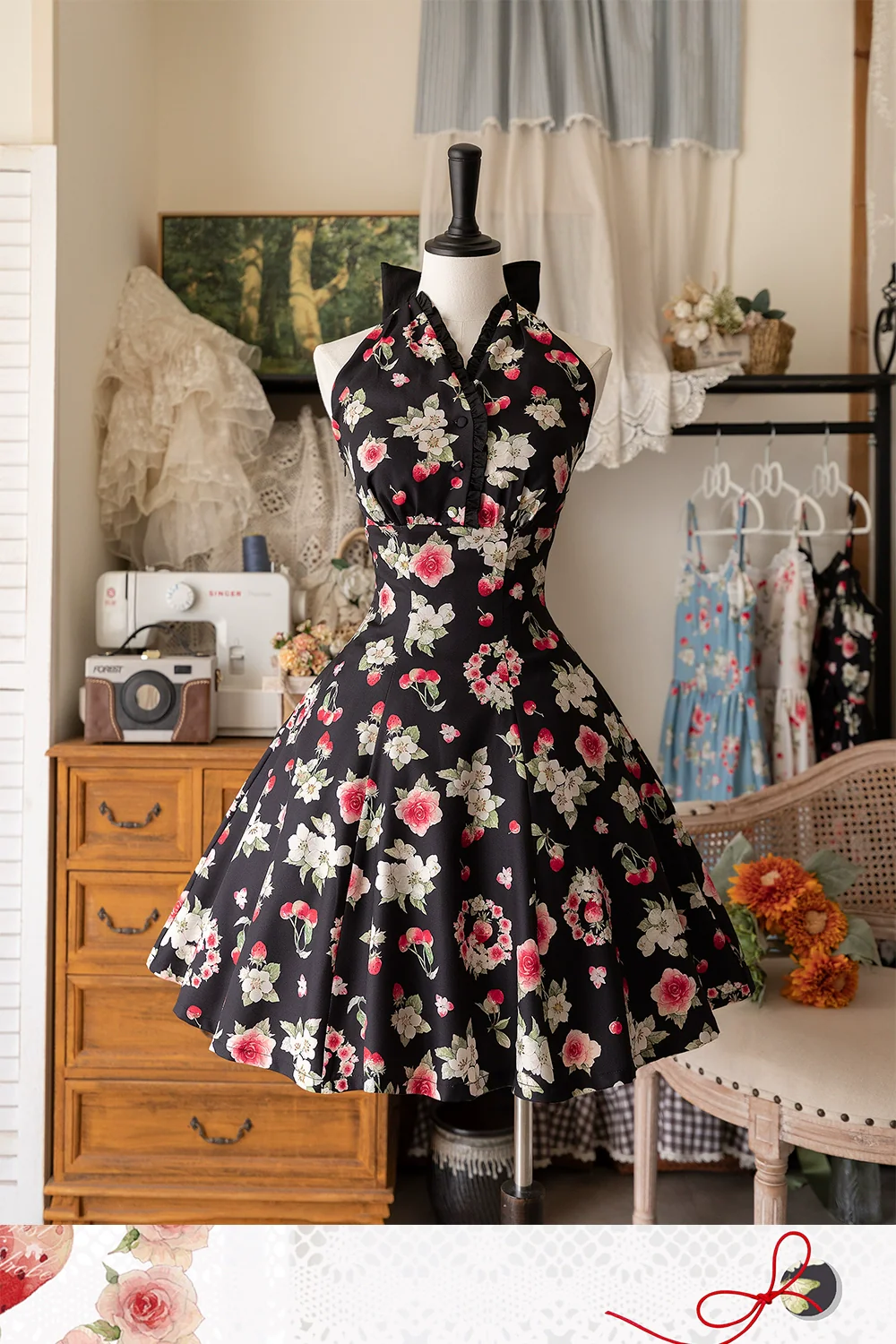 Summer Berry Picture Book - Elegant Classic Lolita Dress Halter Neckline Floral Print Dress - Image 19