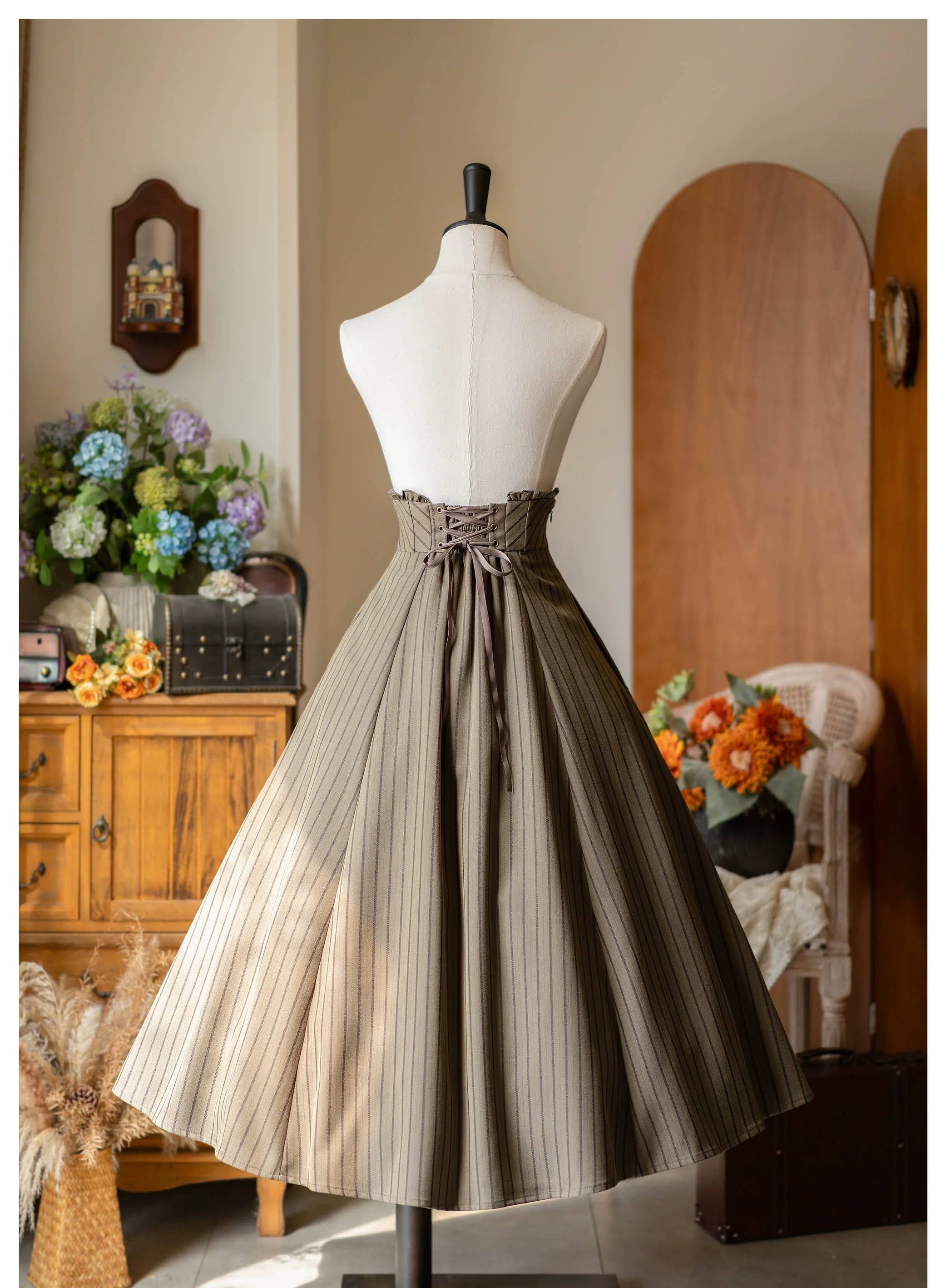 Forest Log - Classic Lolita Fishbone Striped Skirt, Side Pockets - Image 10