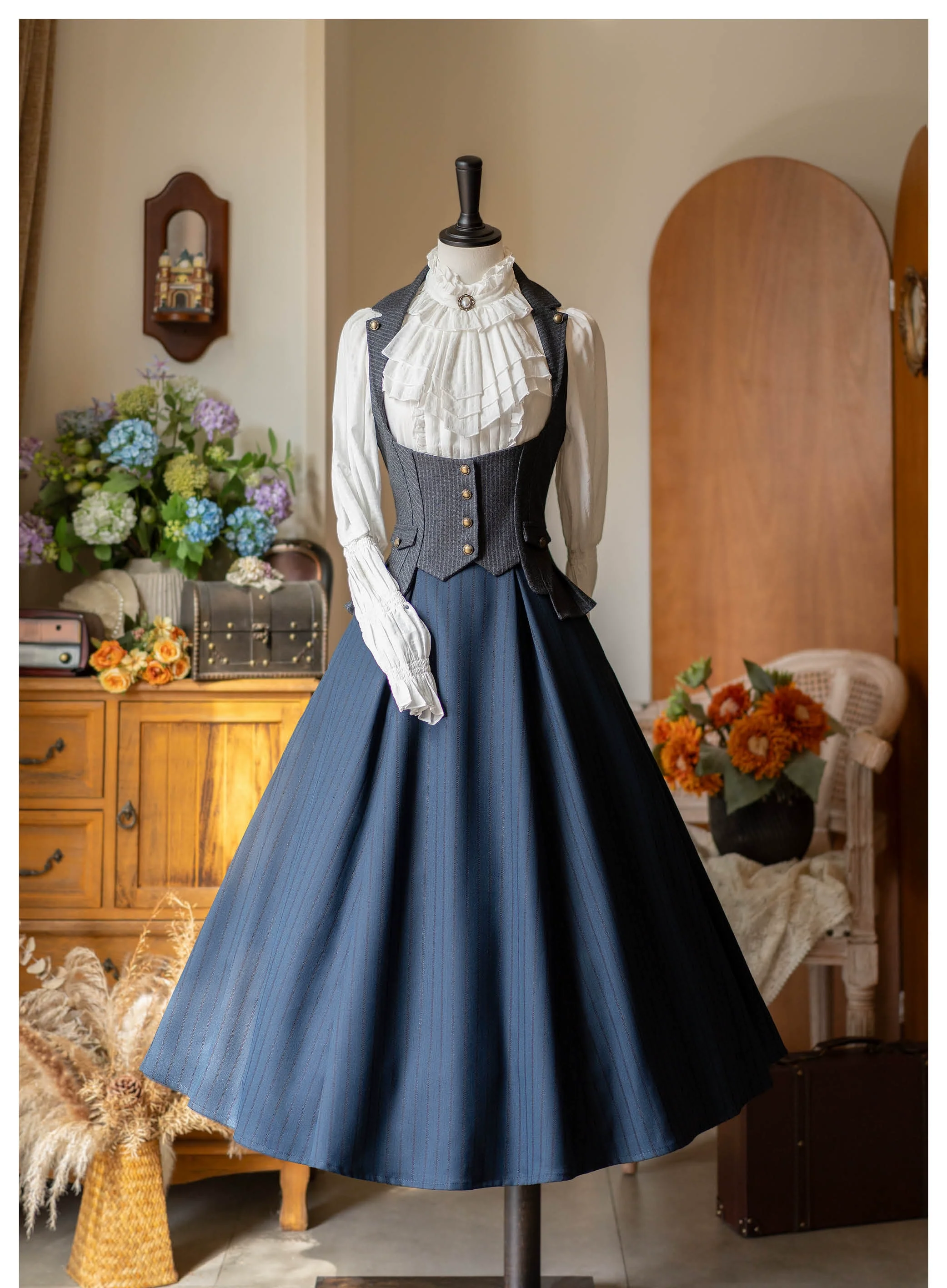 Forest Log - Classic Lolita Fishbone Striped Skirt, Side Pockets - Image 3