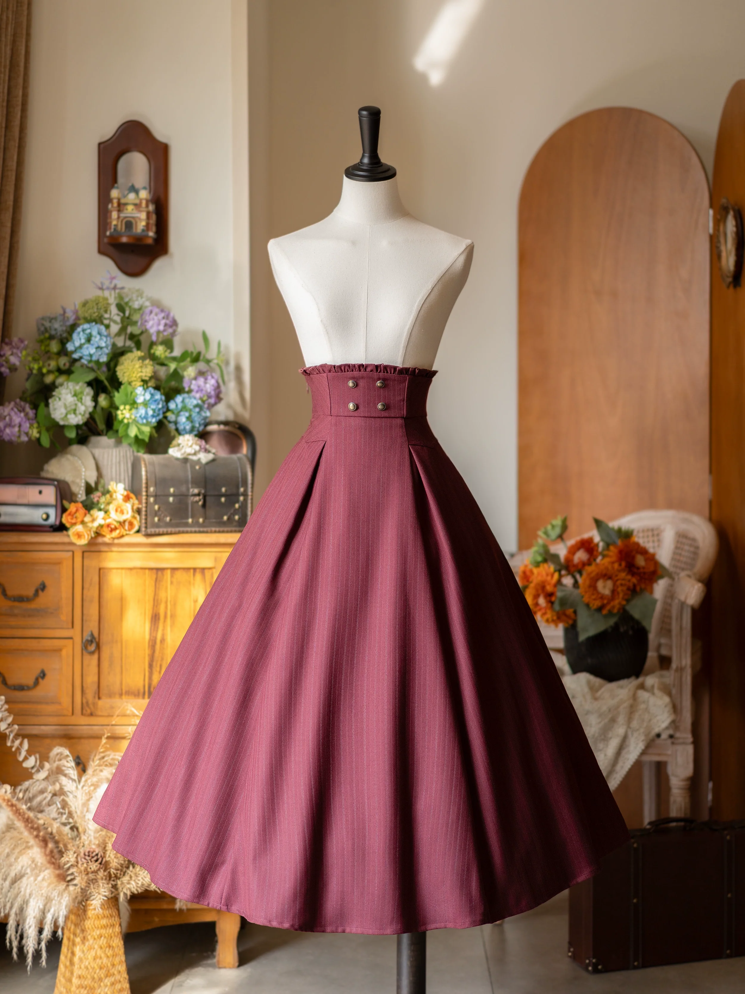 Forest Log - Classic Lolita Fishbone Striped Skirt, Side Pockets - Image 4