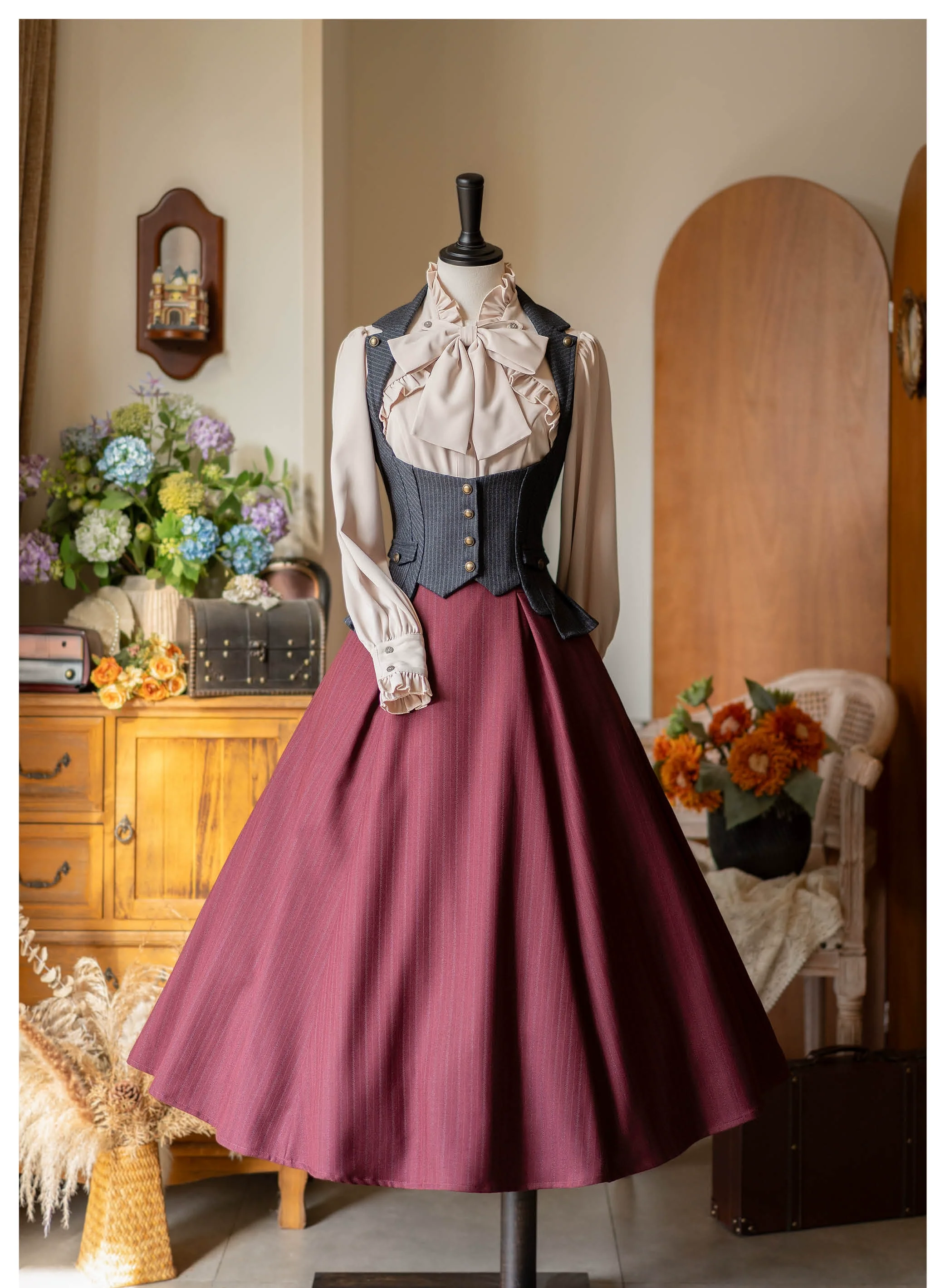 Forest Log - Classic Lolita Fishbone Striped Skirt, Side Pockets - Image 5