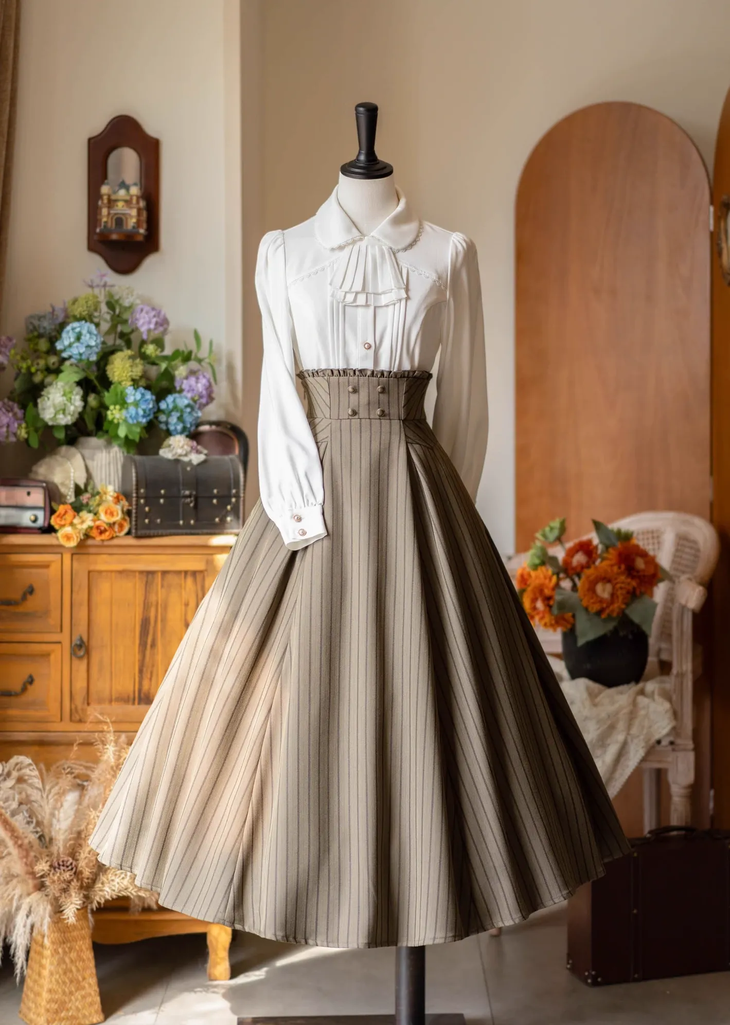 Forest Log - Classic Lolita Fishbone Striped Skirt, Side Pockets - Image 8