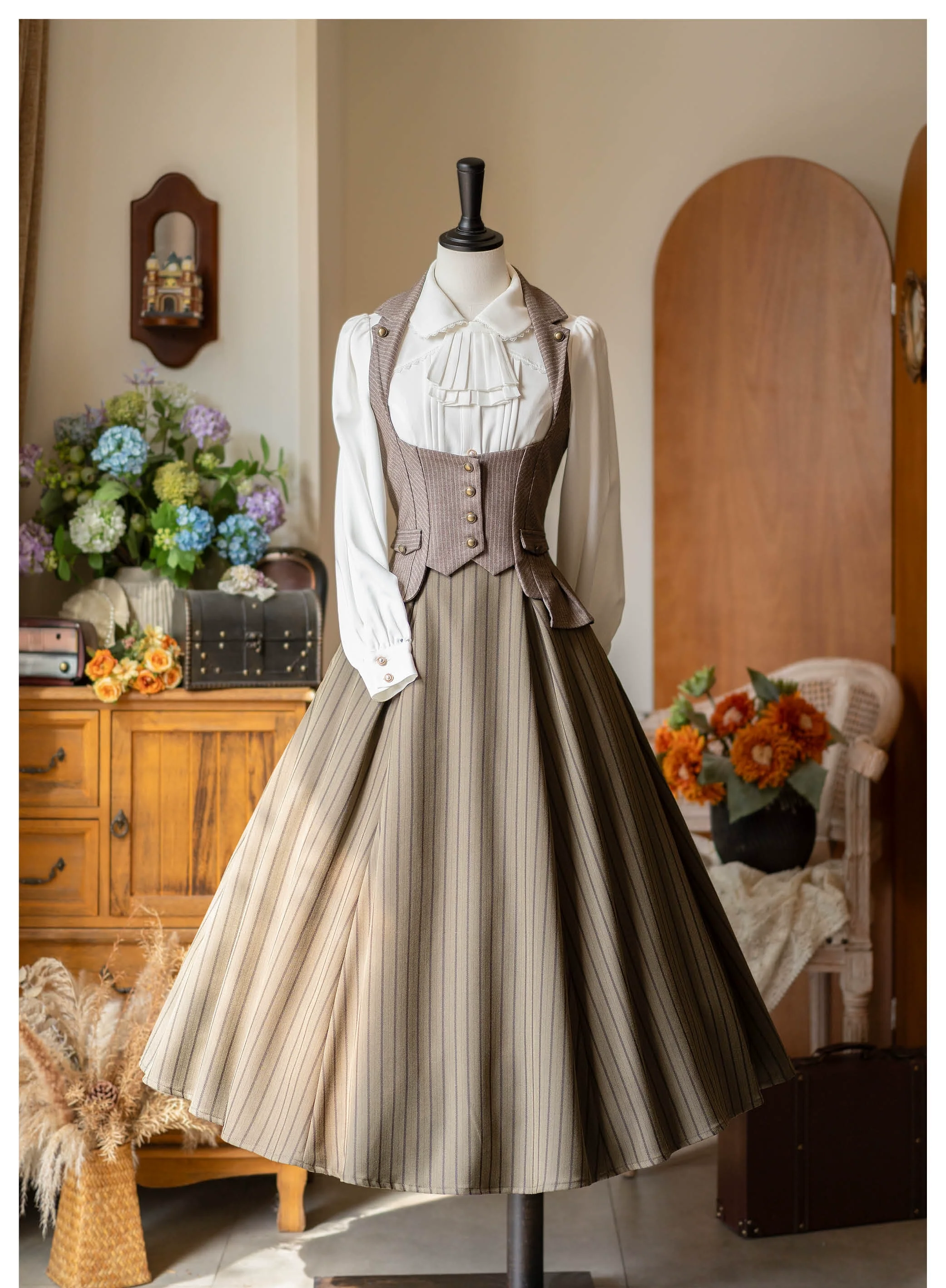 Forest Log - Classic Lolita Fishbone Striped Skirt, Side Pockets - Image 9
