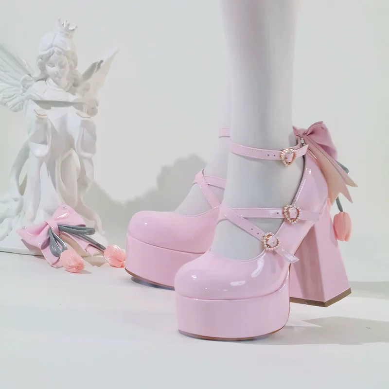 Whispering Tulip - Classic Lolita Heel Shoes, Detachable Tulip Bow - Image 8