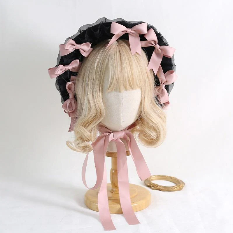 Xiaogui - Classic Lolita Lace Bonnet Hat, Detachable Bows