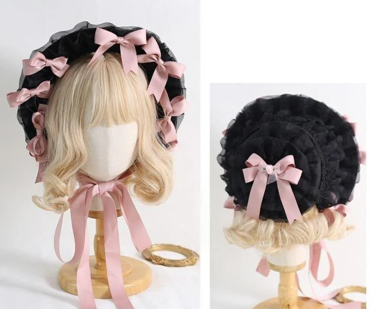 Xiaogui - Classic Lolita Lace Bonnet Hat, Detachable Bows - Image 10