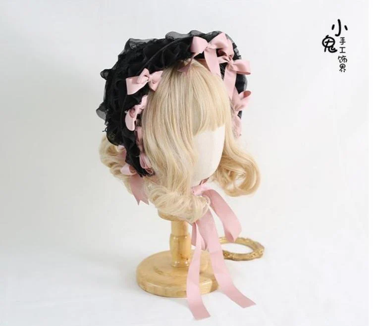 Xiaogui - Classic Lolita Lace Bonnet Hat, Detachable Bows - Image 11