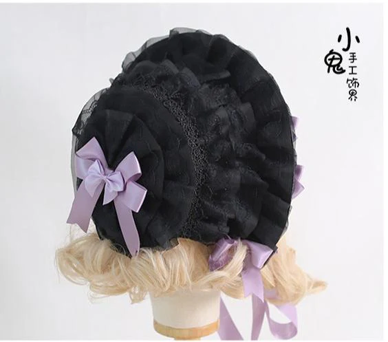 Xiaogui - Classic Lolita Lace Bonnet Hat, Detachable Bows - Image 13