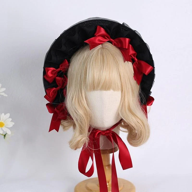 Xiaogui - Classic Lolita Lace Bonnet Hat, Detachable Bows - Image 2