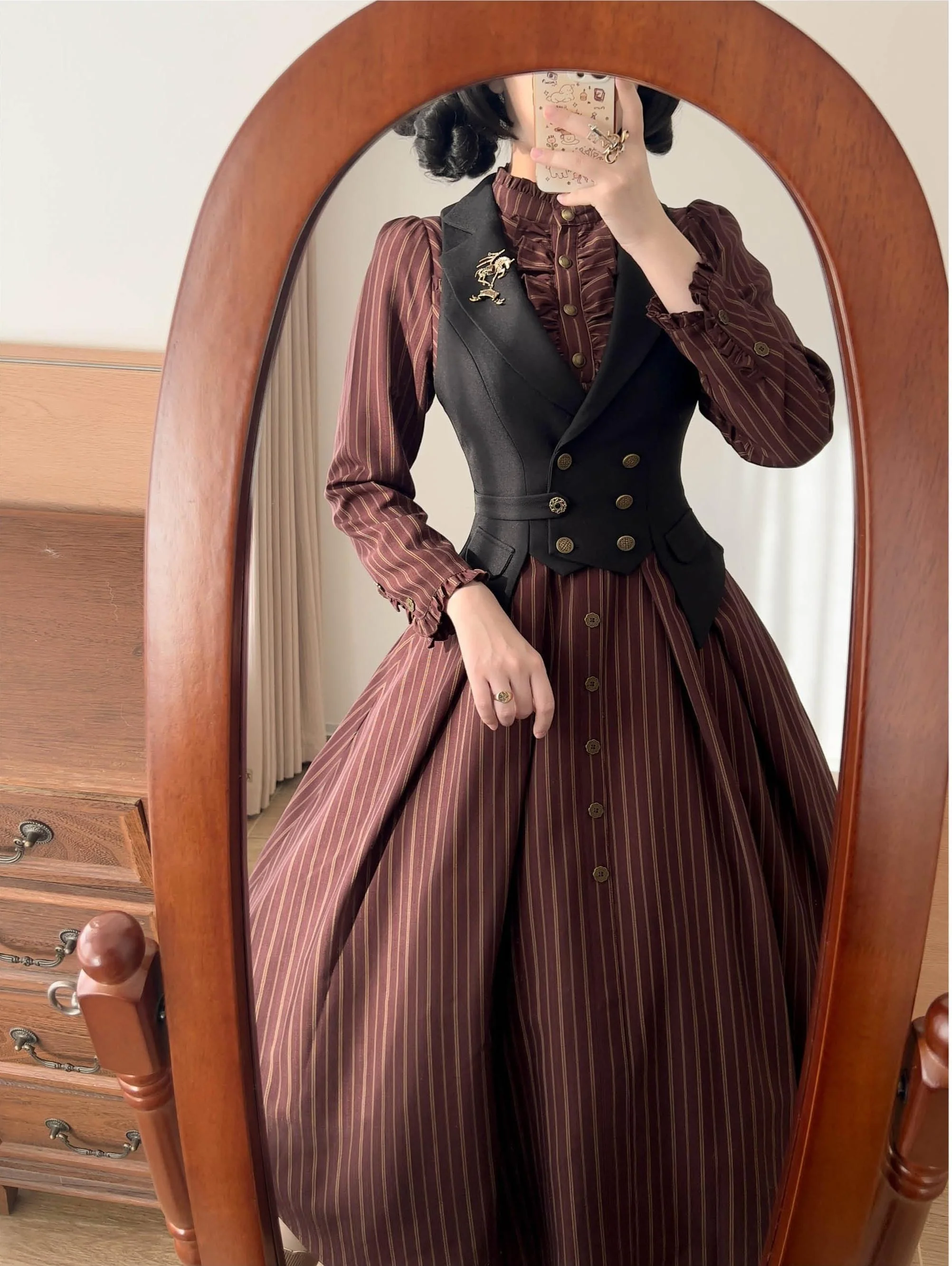 Forest Castle - Classic Lolita Long Striped Dress, Irregular Hem Vest - Image 13