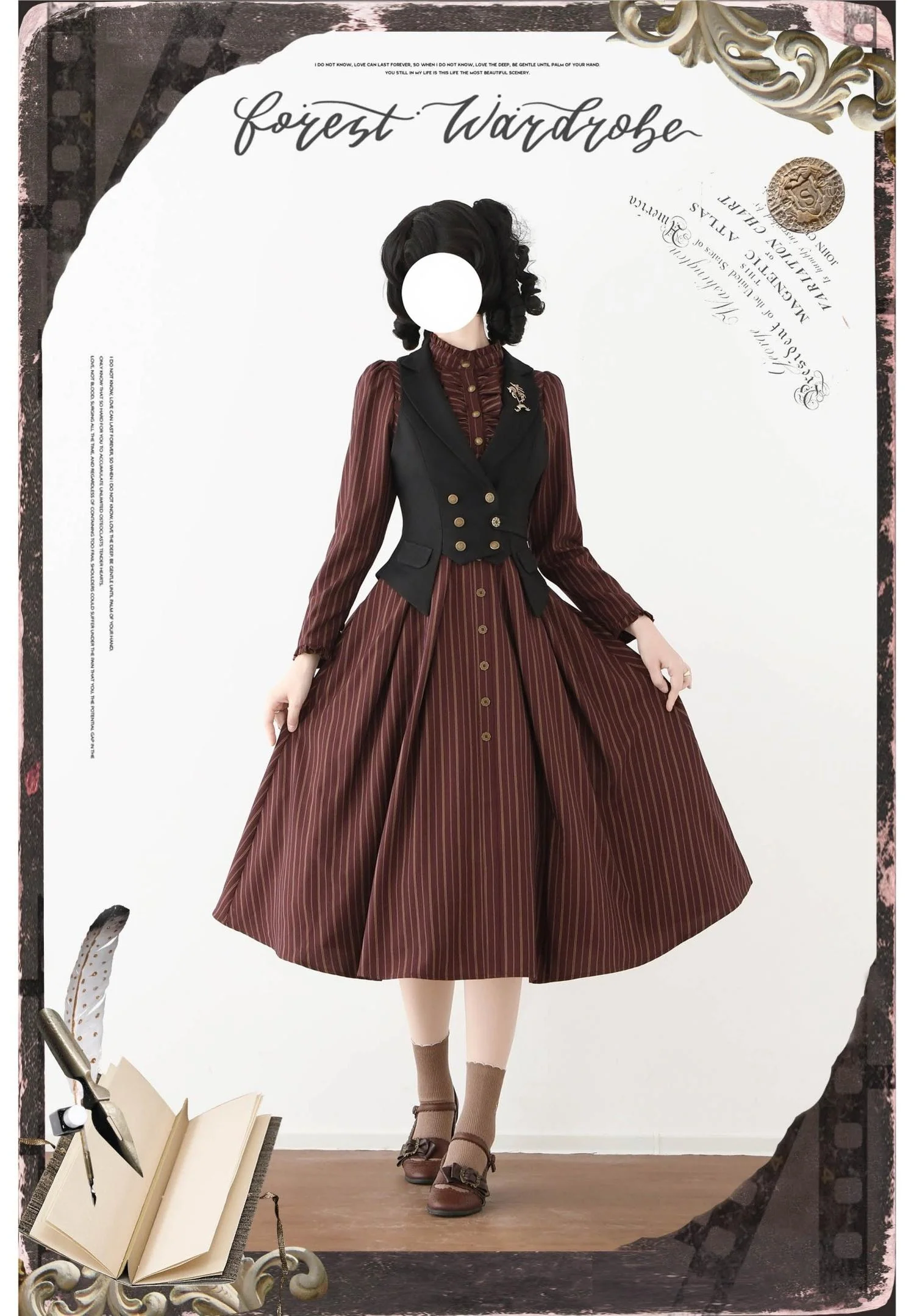 Forest Castle - Classic Lolita Long Striped Dress, Irregular Hem Vest - Image 14