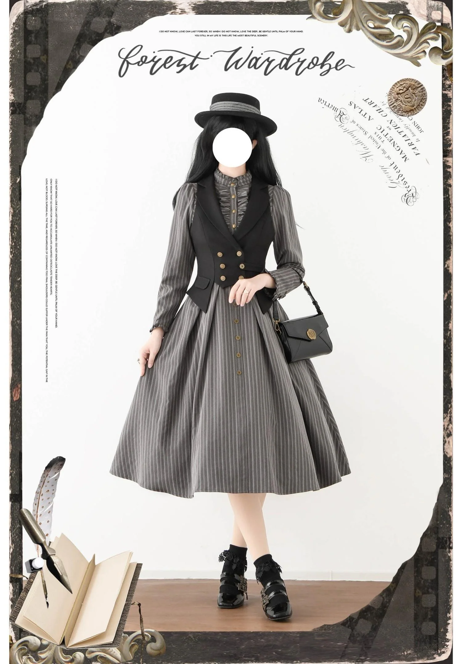 Forest Castle - Classic Lolita Long Striped Dress, Irregular Hem Vest - Image 19