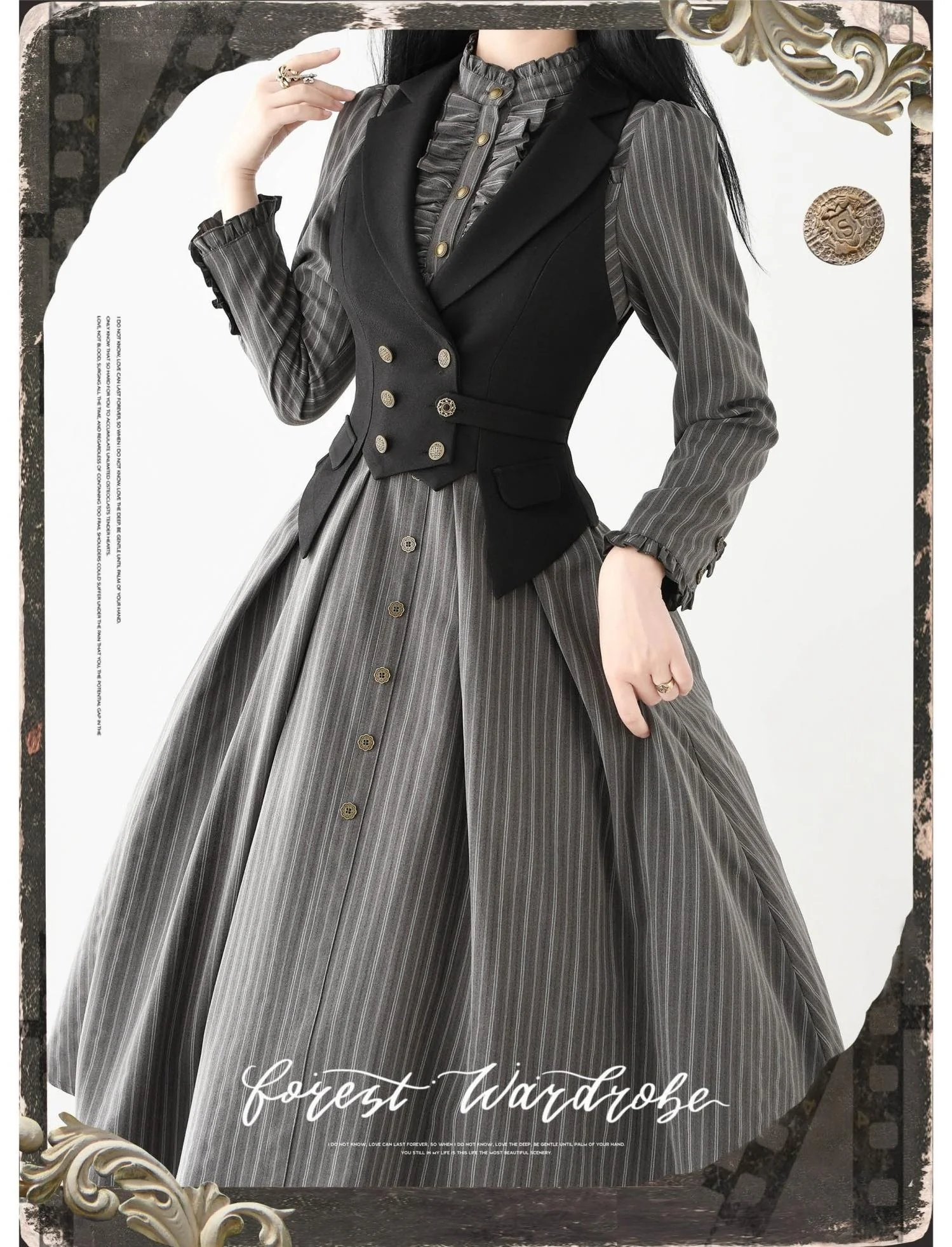 Forest Castle - Classic Lolita Long Striped Dress, Irregular Hem Vest - Image 20