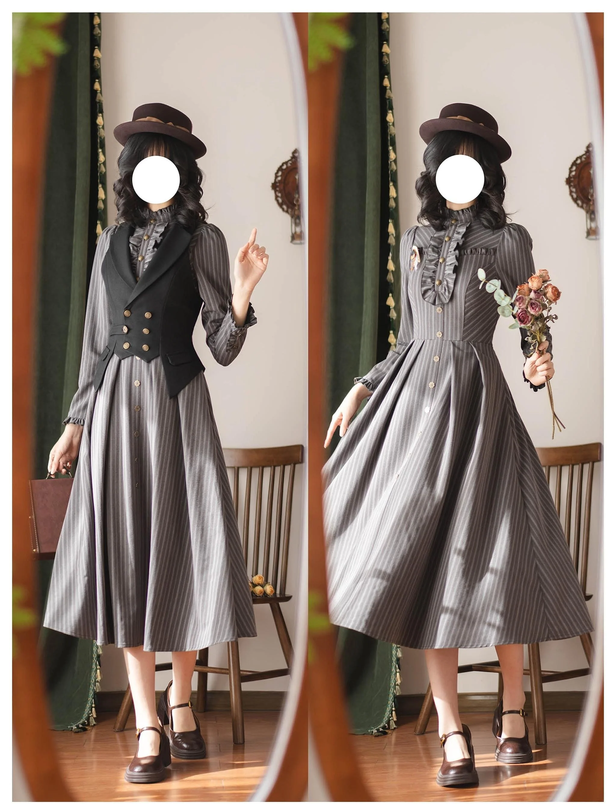 Forest Castle - Classic Lolita Long Striped Dress, Irregular Hem Vest - Image 22