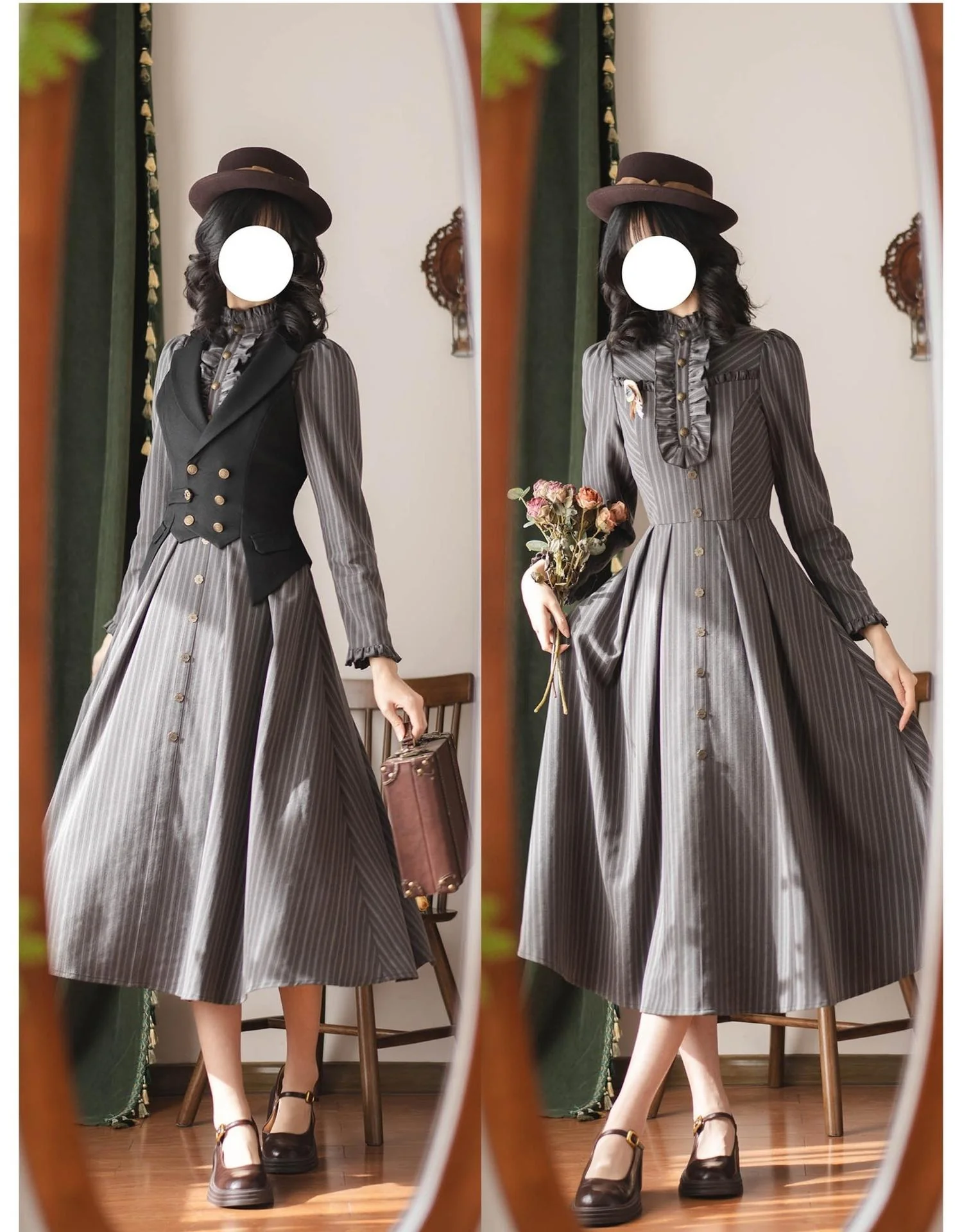 Forest Castle - Classic Lolita Long Striped Dress, Irregular Hem Vest - Image 23