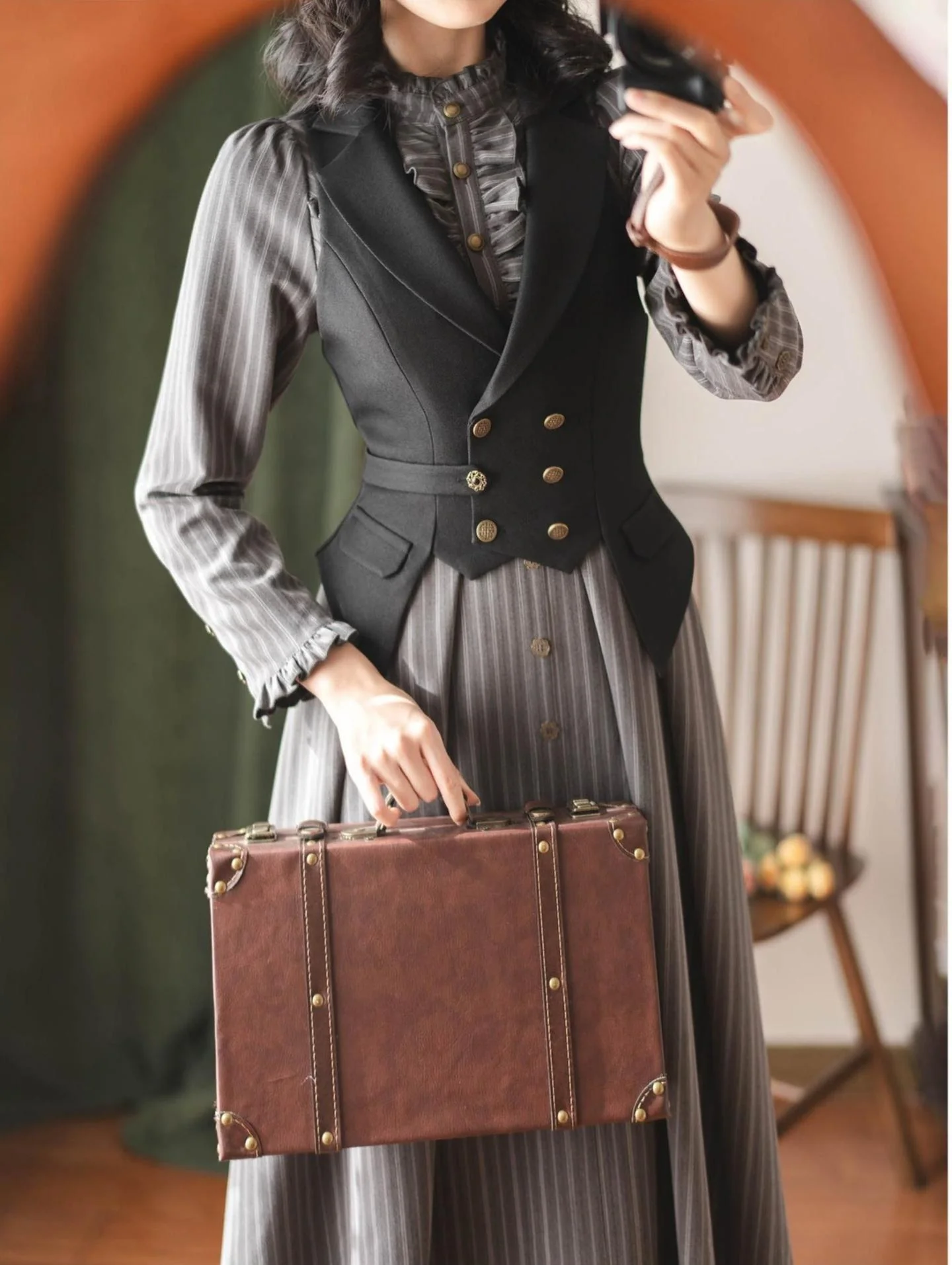 Forest Castle - Classic Lolita Long Striped Dress, Irregular Hem Vest - Image 25