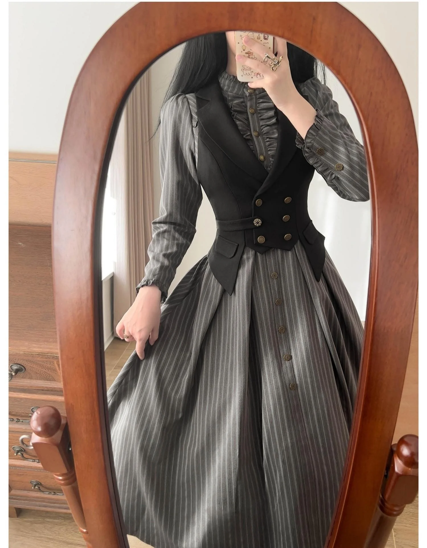 Forest Castle - Classic Lolita Long Striped Dress, Irregular Hem Vest - Image 26
